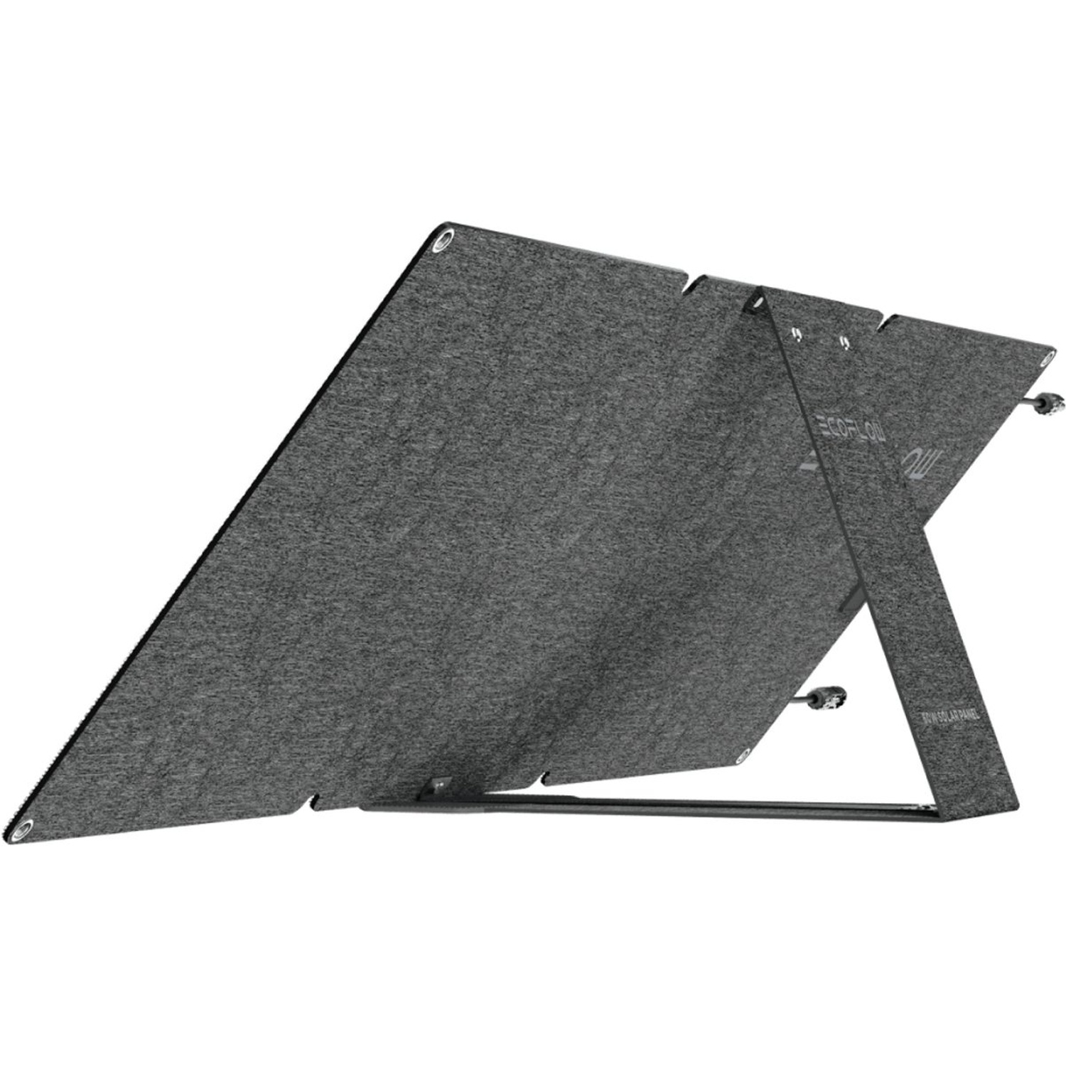 A gray solar panel with a black frame is propped up. The panel has the ECOFLOW logo. The stand has the words 'RIVER SOLAR PANEL'.