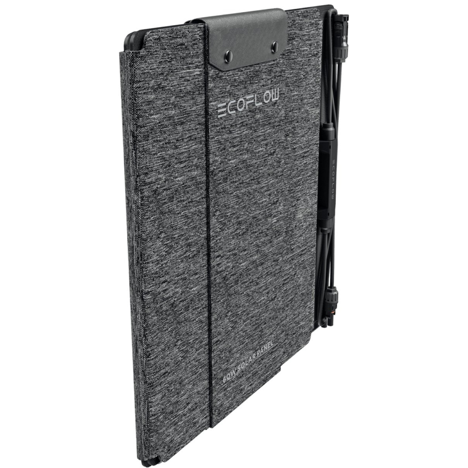 A gray ECOFLOW 60W solar panel in a folded position. It has a black handle and black cables extending from the side.