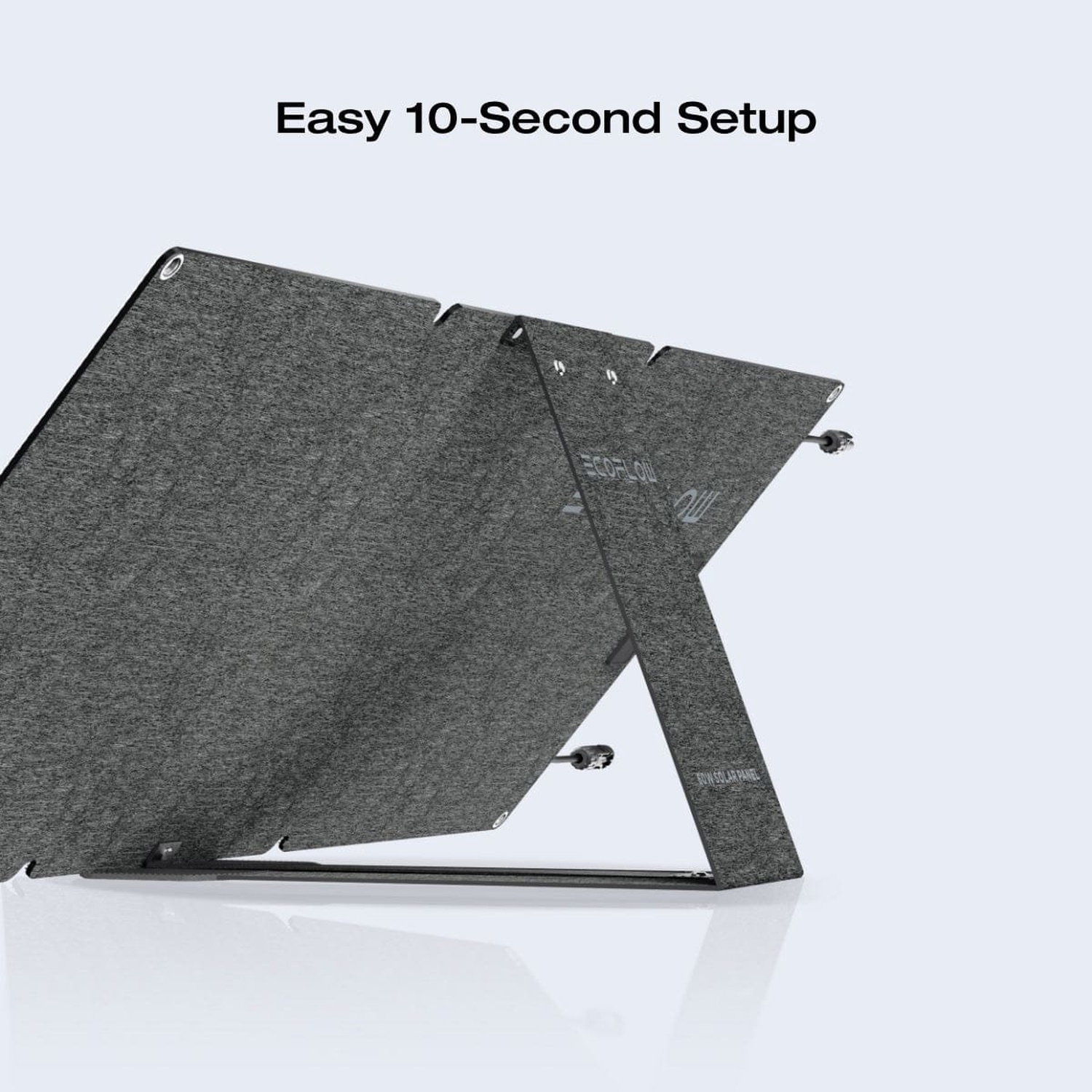 A gray solar panel is propped up by a black frame on a white background. Text above reads: Easy 10-Second Setup.