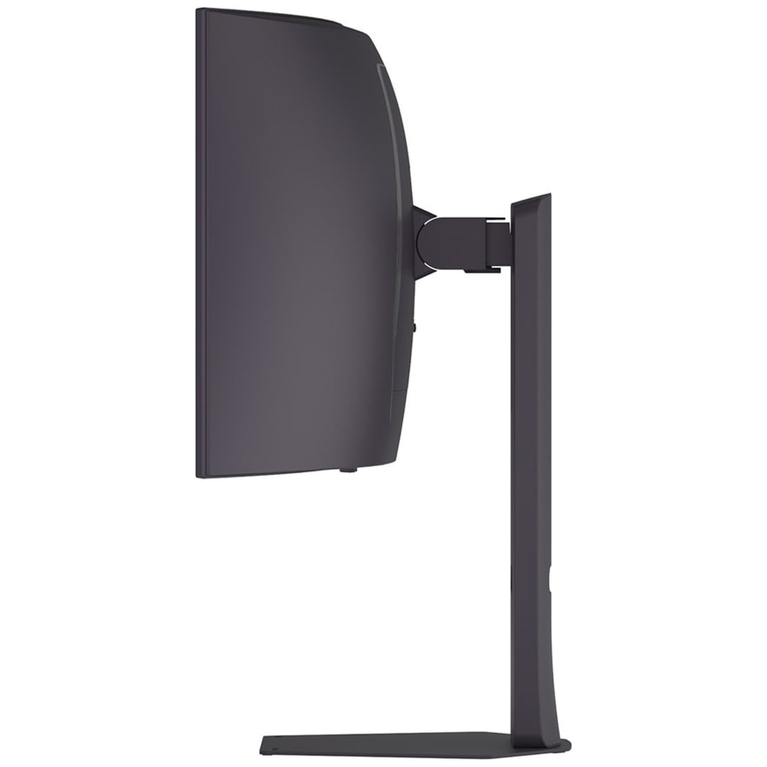 Zijaanzicht van een gebogen monitor. Het is donkergrijs, gemonteerd op een standaard. De standaard is ook donkergrijs, met een voet en arm.