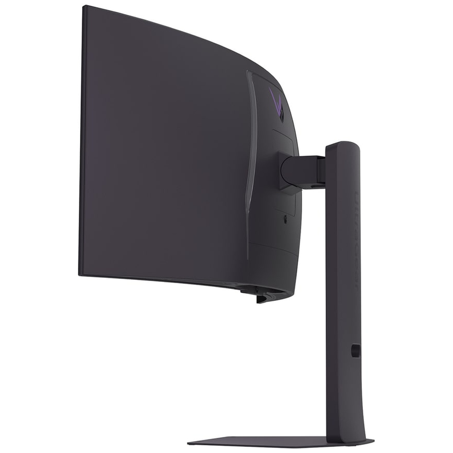 Een zwarte, gebogen monitor, van achteren bekeken. De standaard is ook zwart. Een paars logo is zichtbaar op het bovenste deel van de monitor.