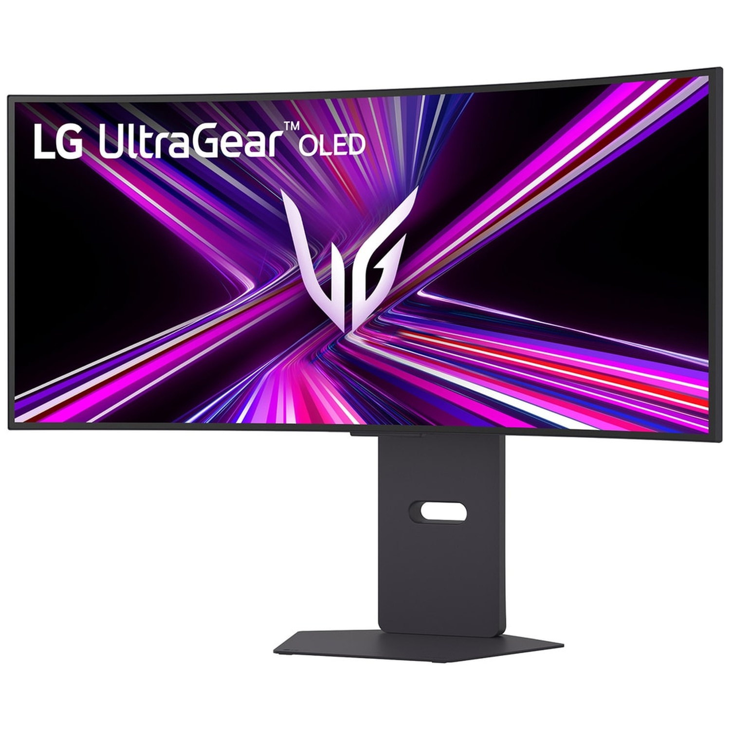 Gebogen LG UltraGear OLED monitor. Display toont paarse en roze lichtstrepen. Zwarte standaard onderaan.