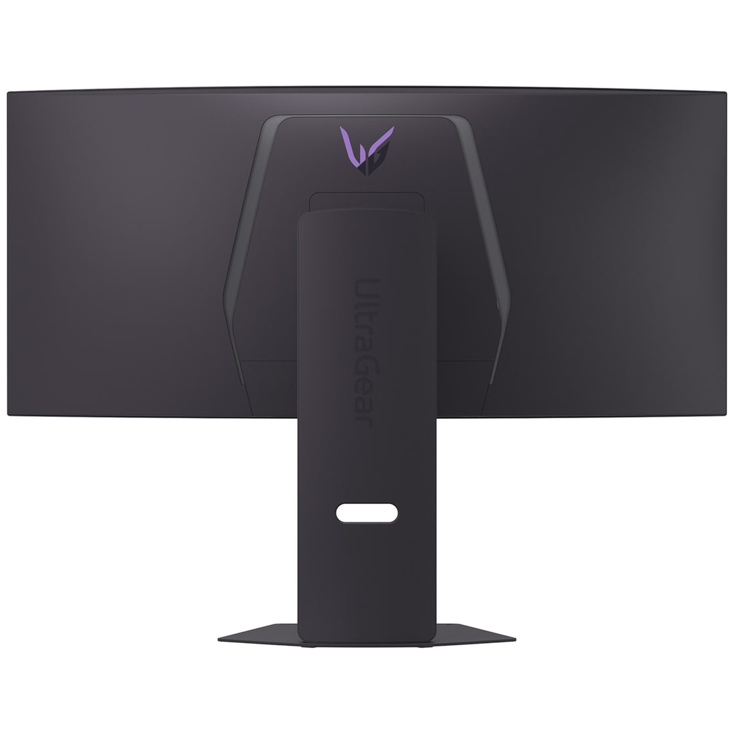 De achterkant van een zwarte ultrabrede monitor met een standaard. Het Ultragear-logo is zichtbaar op de achterkant. De standaard is ook zwart.