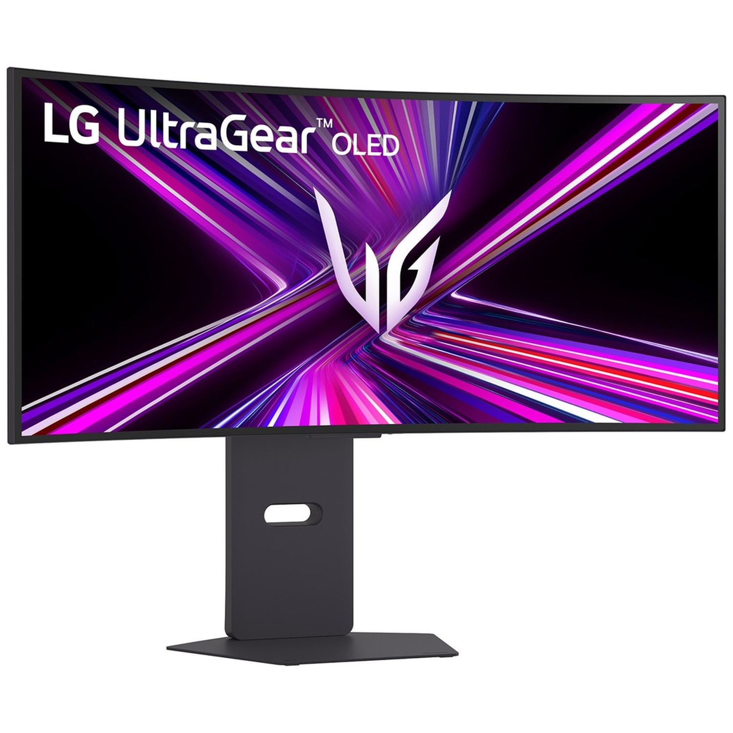 Gebogen LG UltraGear OLED-monitor. Het scherm toont een abstract ontwerp in paars en wit. De standaard is zwart.