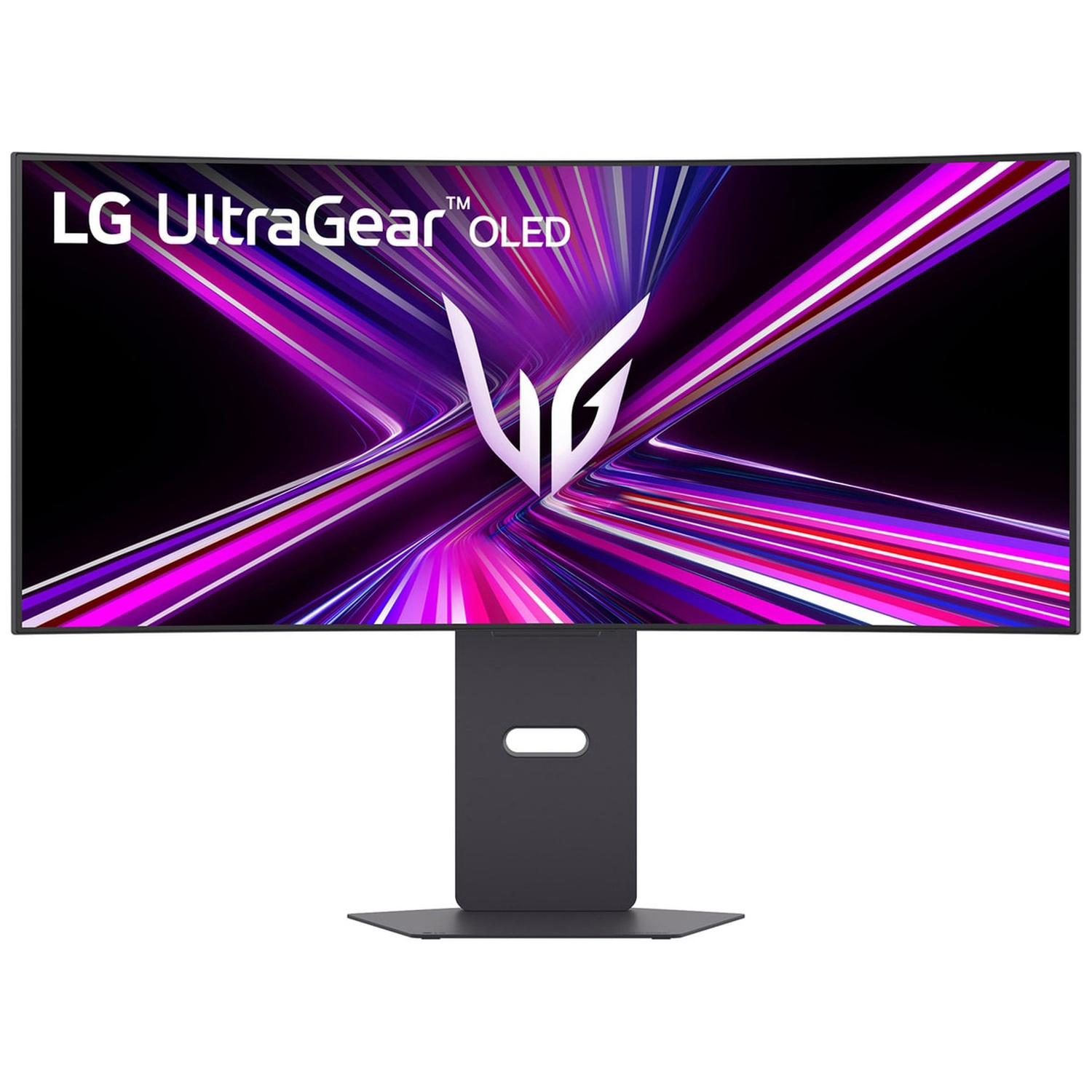 Gebogen LG UltraGear OLED monitor. Display toont paarse en roze abstracte lijnen. Staat op een donkergrijze standaard, witte achtergrond.