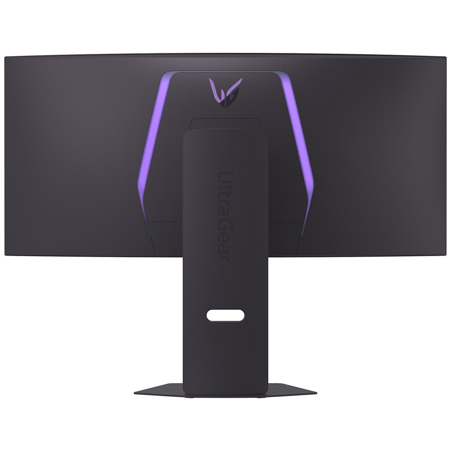 De achterkant van een zwarte monitor met een standaard. Het heeft paarse lichten en de woorden 'UltraGear'. Het LG-logo staat bovenaan.