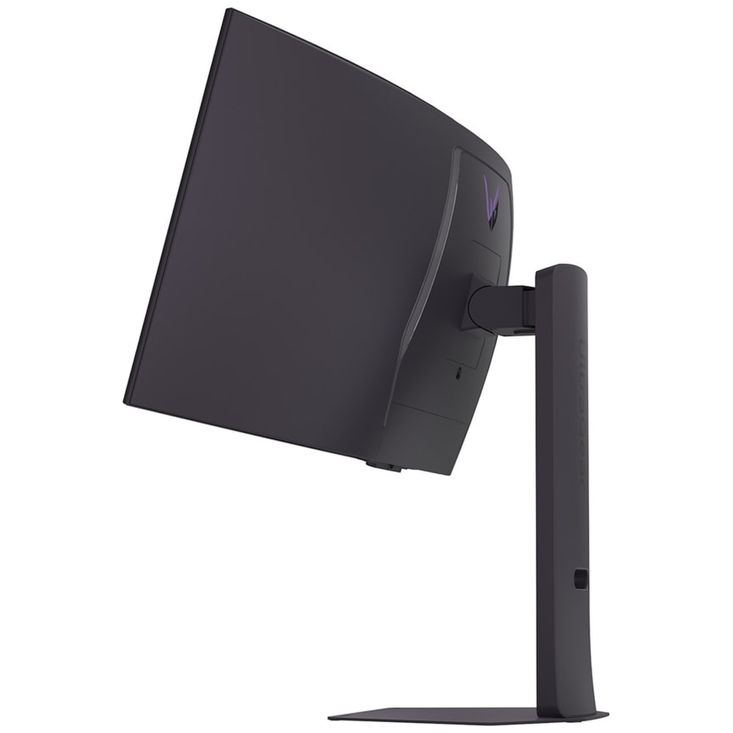 Een zwarte, gebogen computermonitor op een zwarte standaard. Het LG-logo is zichtbaar op de achterkant.