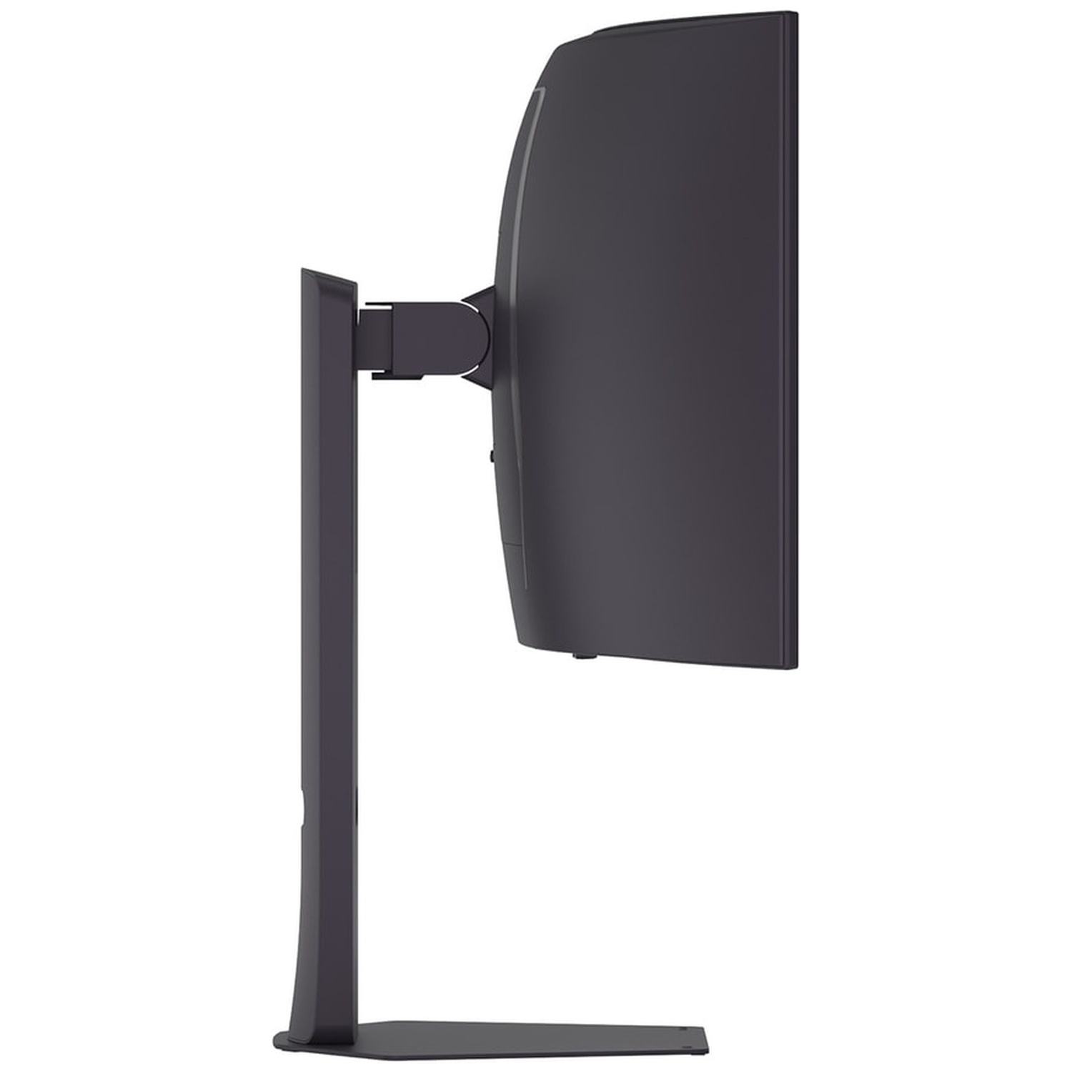 Zijaanzicht van een donkergrijze computermonitor. Hij is gemonteerd op een standaard met een rechthoekige basis en een verticale steun.