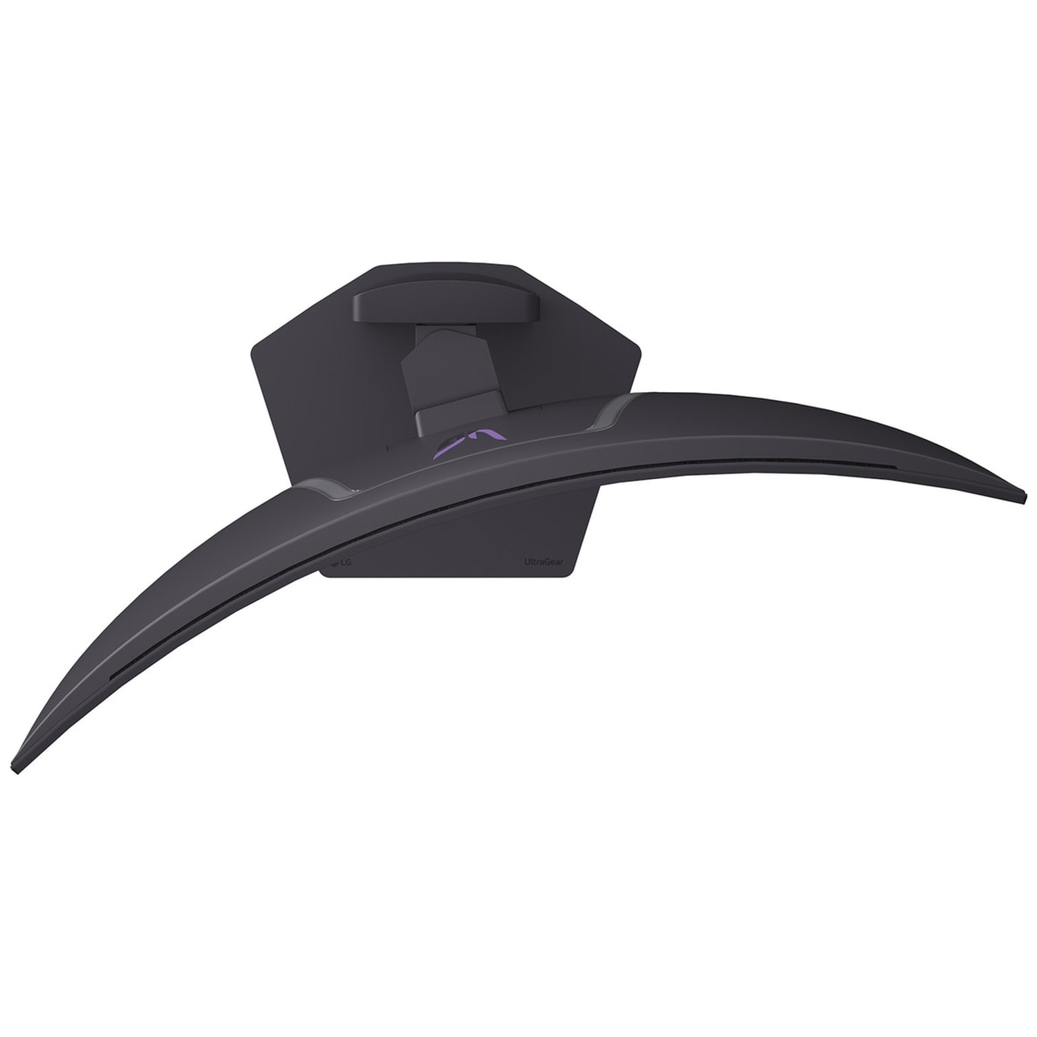 Bovenaanzicht van een gebogen, donkergrijze computermonitor. De standaard en achterkant zijn zichtbaar, met het UltraGear-logo.