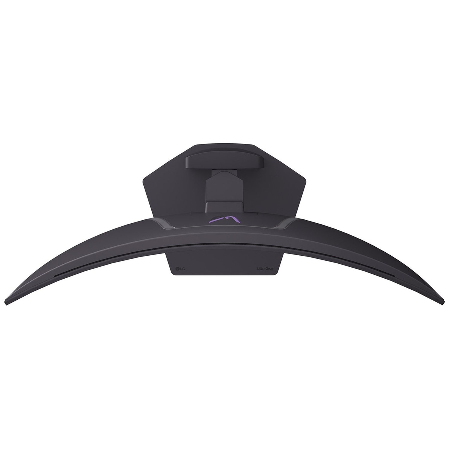 Bovenaanzicht van een gebogen zwarte LG-monitor. De standaard is donkergrijs, met een paars logo. Het scherm heeft het UltraGear-logo.