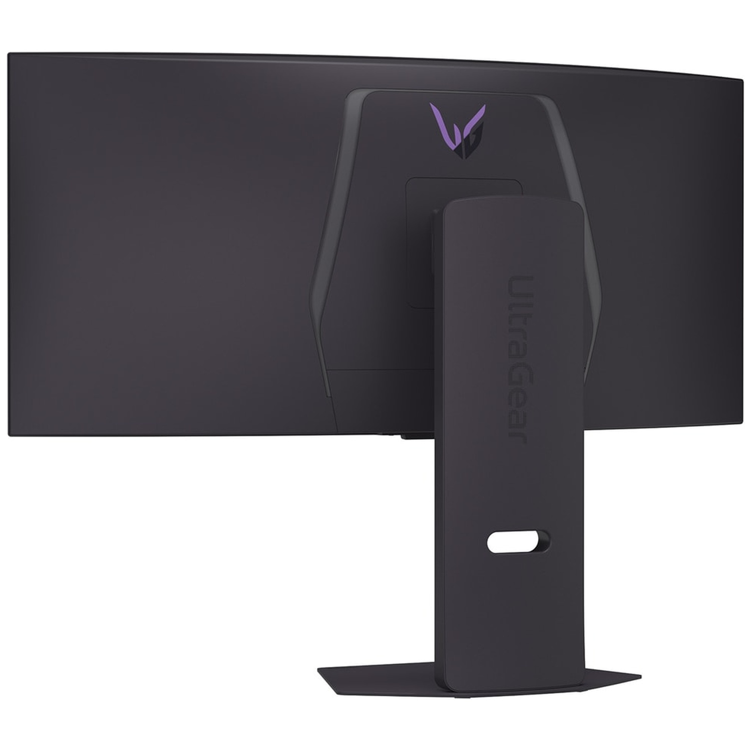 De achterkant van een zwarte gebogen monitor. De standaard is ook zwart met het woord Ultragear. Een paars logo staat bovenaan.