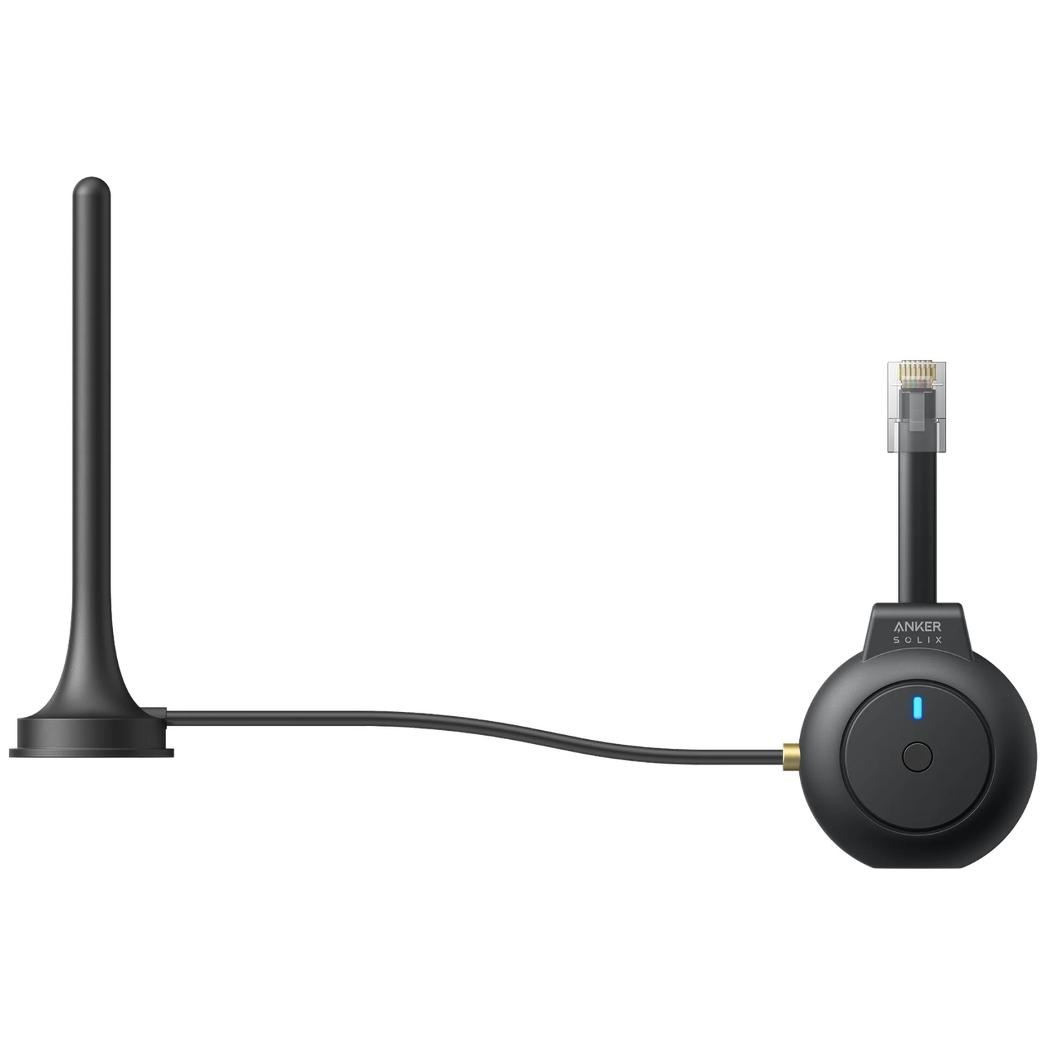 Black Anker Solix device with an antenna, a round base with a button, and an ethernet cable.
