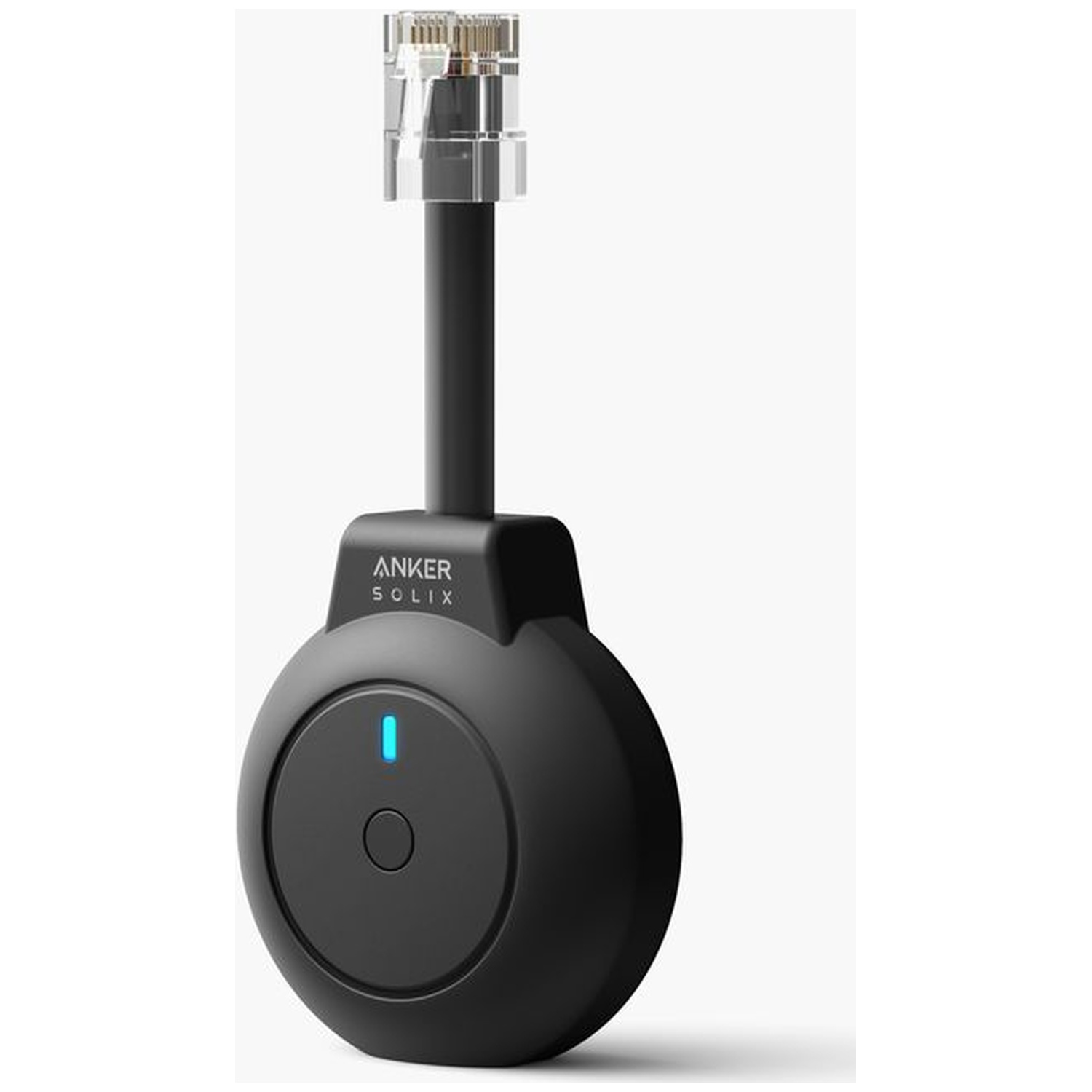 Black Anker Solix device with a cable and an ethernet connector. It has a blue light and a button.