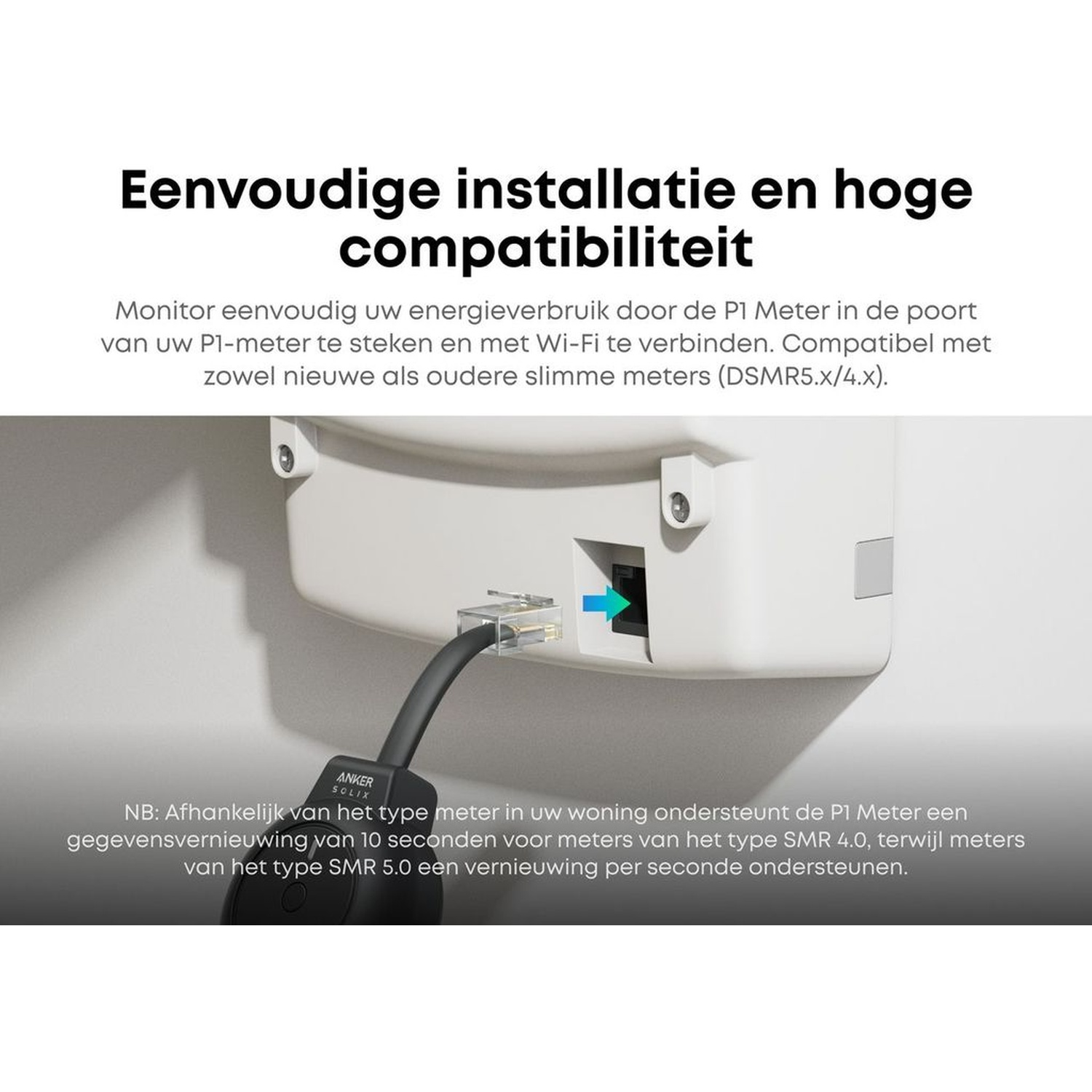 Image shows a device connected to a white box with a cable and text about easy installation and high compatibility.