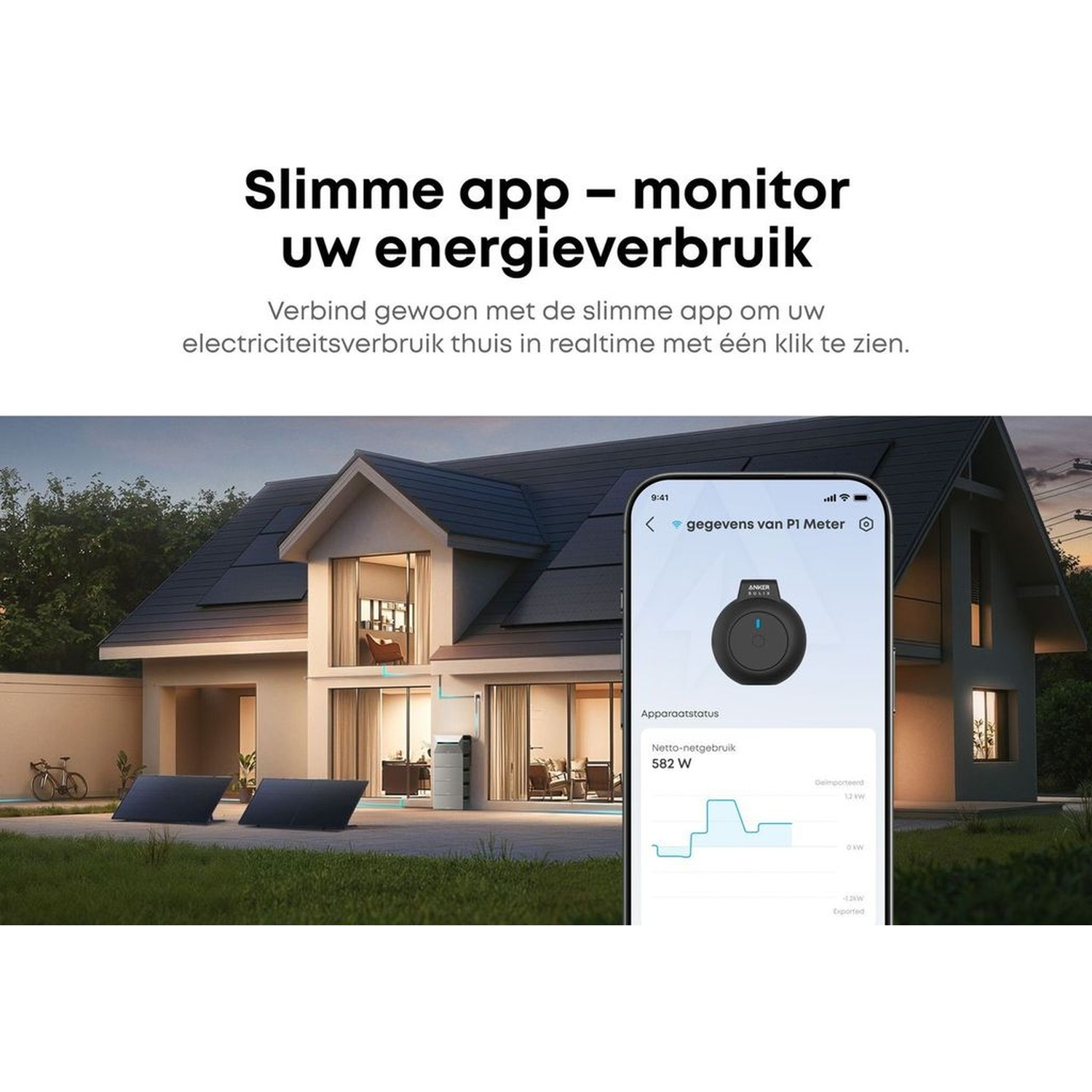 A house with solar panels, a smartphone displaying energy usage, and text about monitoring energy consumption.