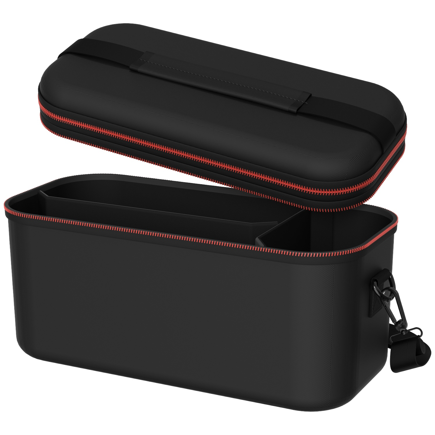 Open black case with red zipper and handle. Inside compartments are visible. The top part is open.