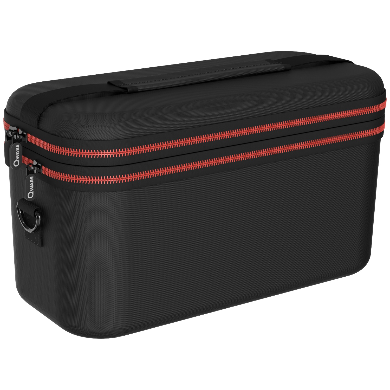 Black QWare carrying case with red zippers and handle. The case has a textured surface and a metal D-ring.