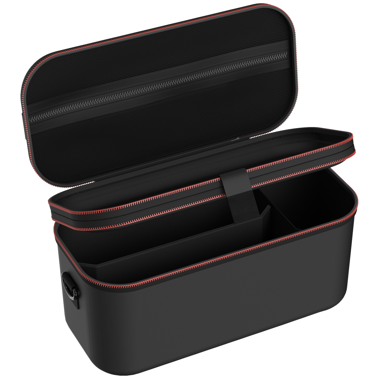 Open black travel case with red zipper details. Inside, compartments are visible. The case is on a white background.