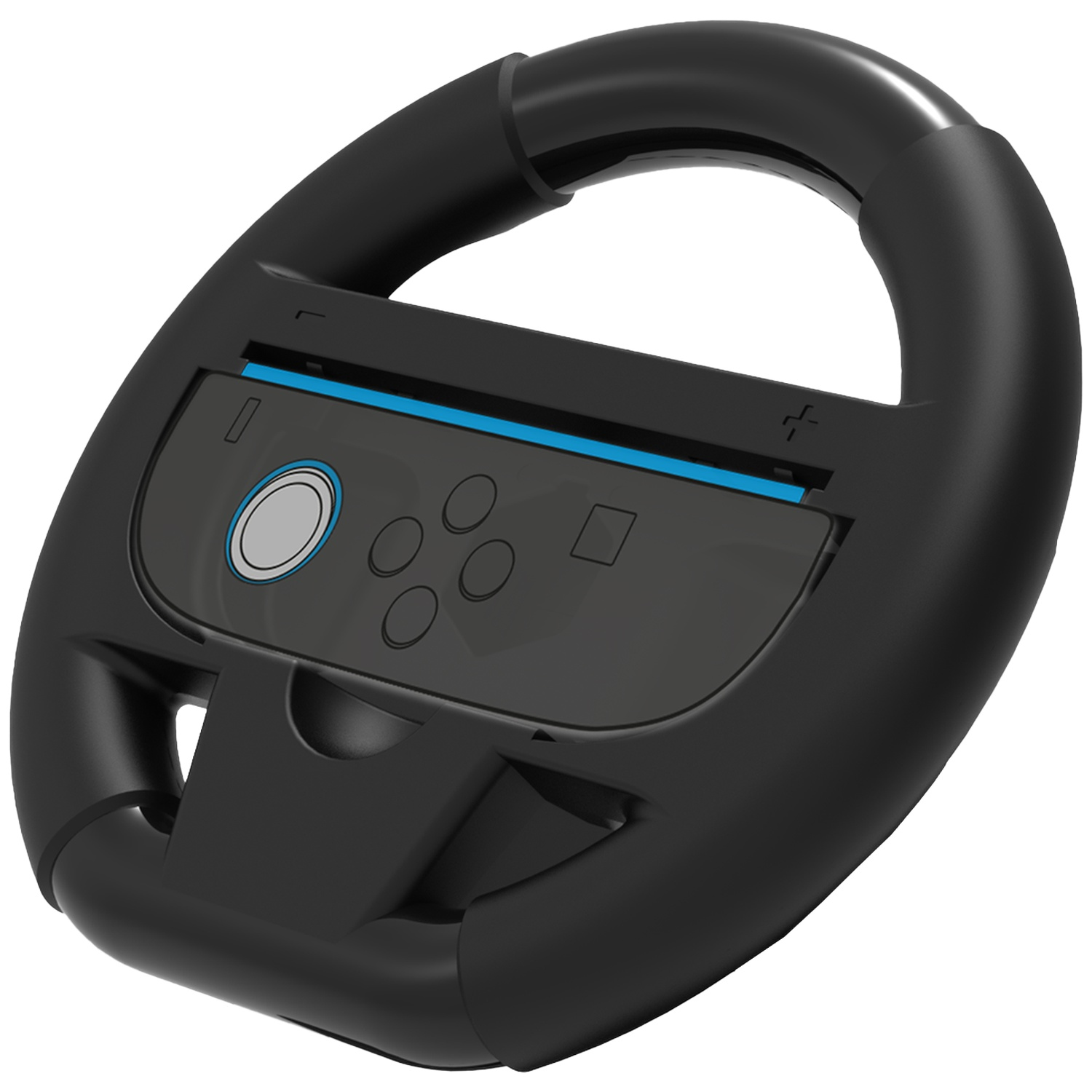Une manette de jeu noire en forme de volant. Elle comporte des boutons et une bande bleue en haut. Le fond est blanc.