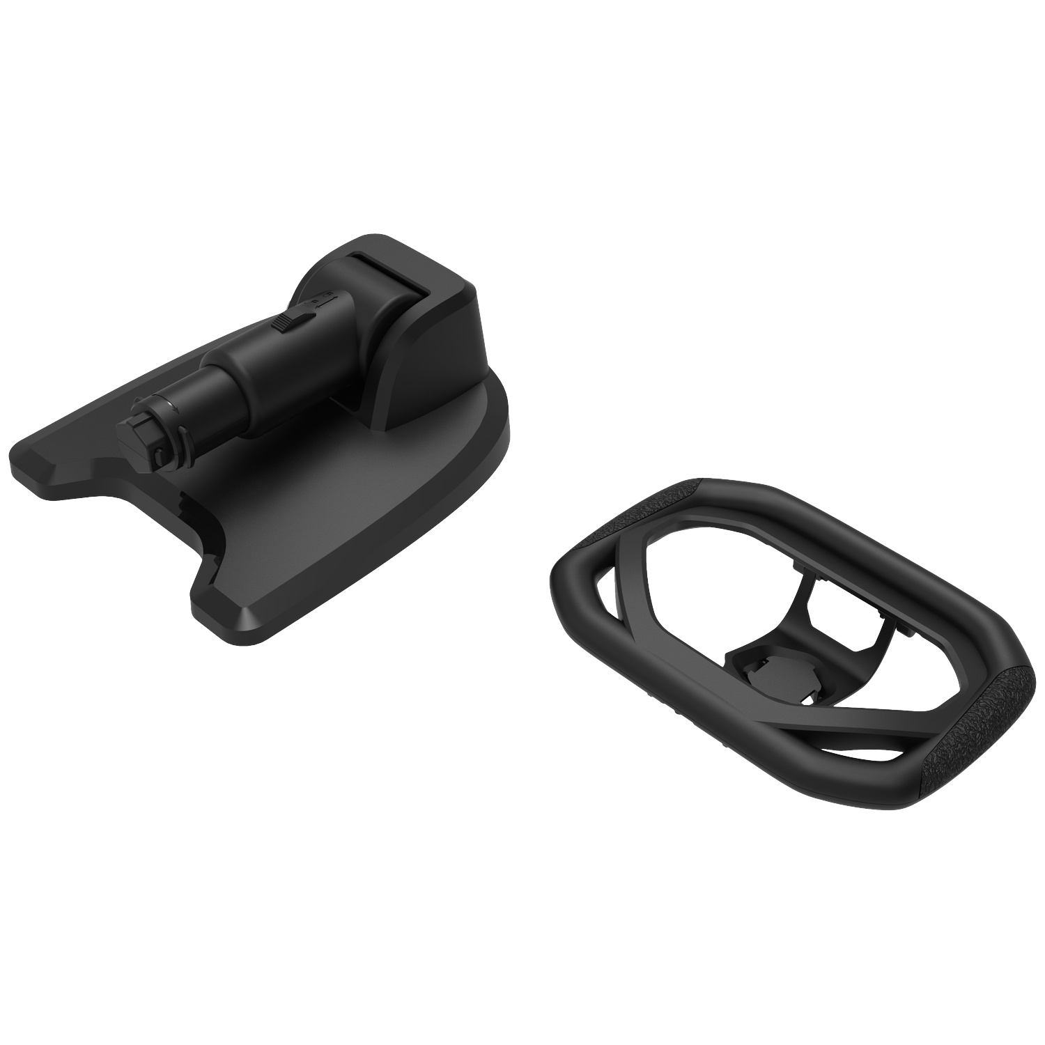 Deux pièces en plastique noir pour voiture sont présentées. L'une est une base avec un cylindre, l'autre est un cadre.