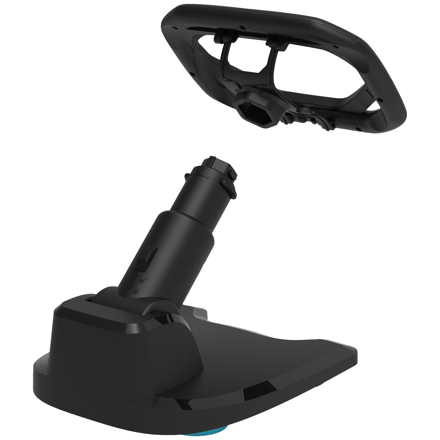 Volant et base noirs. Le volant est au-dessus de la base. La base a un col cylindrique et un fond rectangulaire.