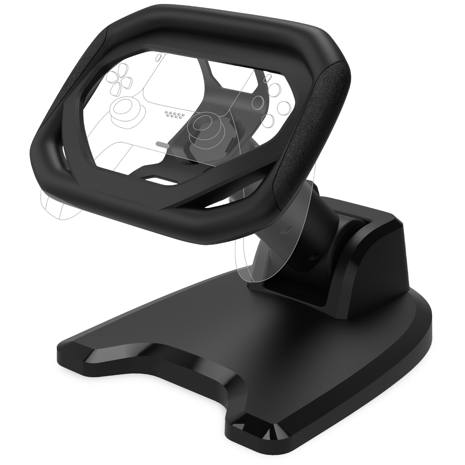 Support noir pour manette de jeu. Il possède une base, un support vertical et une boucle supérieure pour tenir la manette.