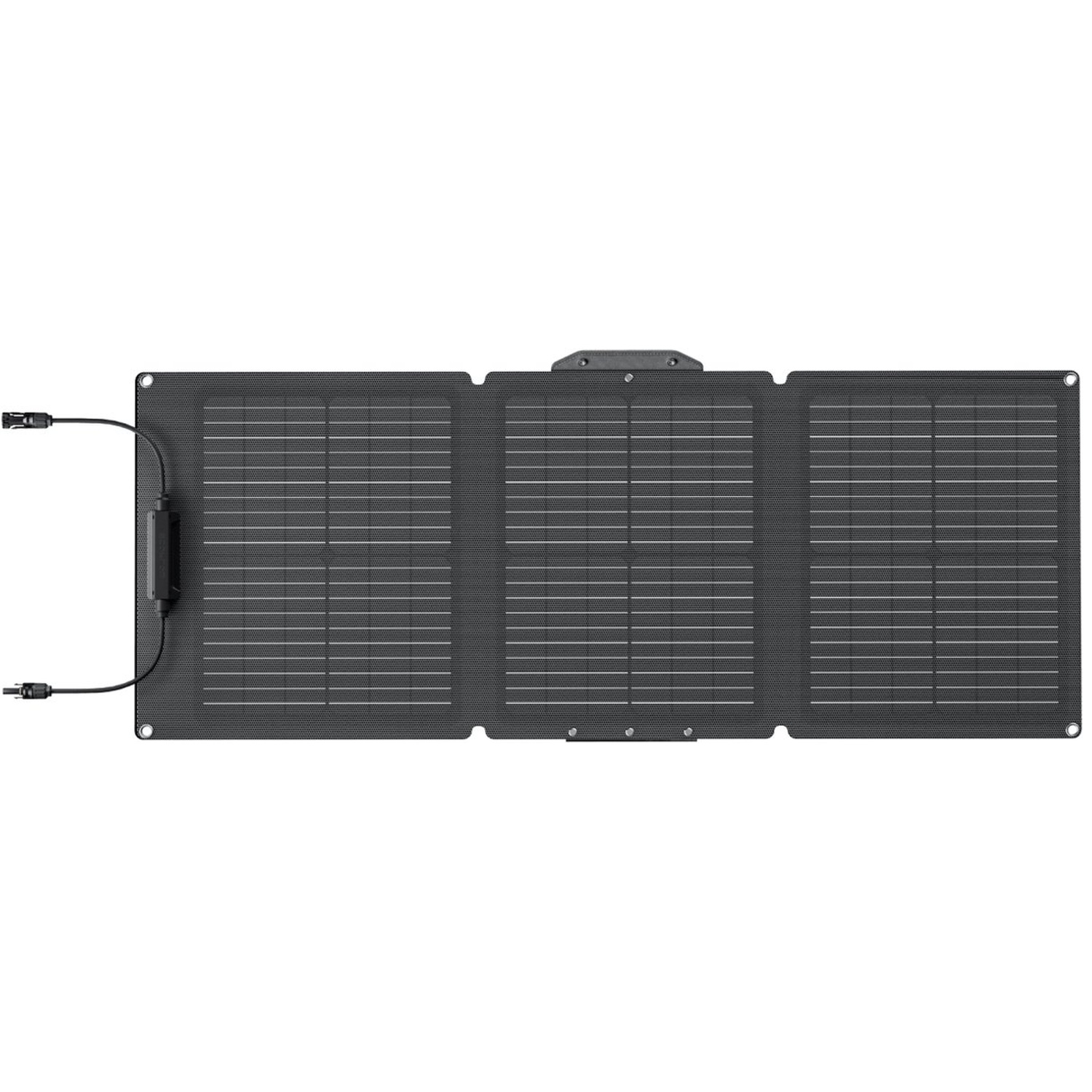 A dark gray foldable solar panel with three sections. A black cable with connectors extends from the left side.