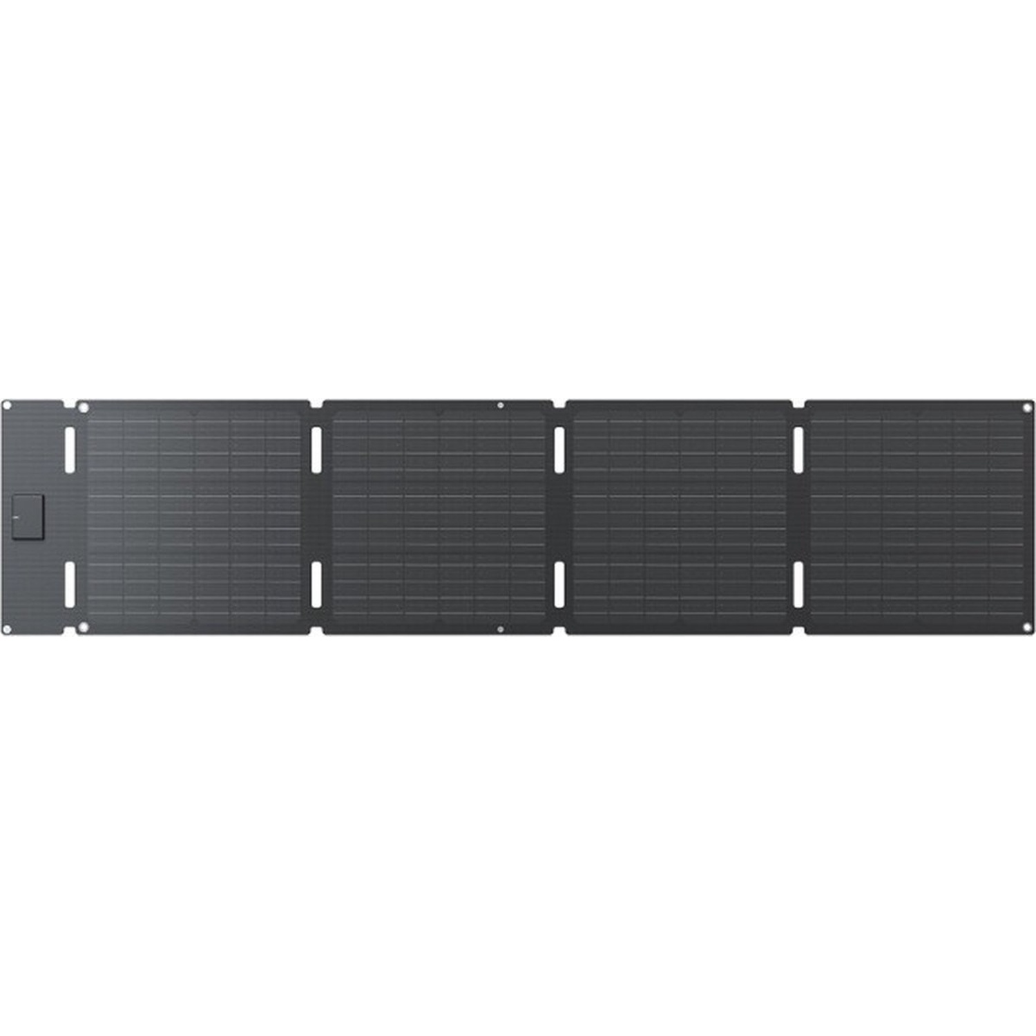 A rectangular, dark gray solar panel with four connected sections. It has a textured surface with small rectangular patterns.