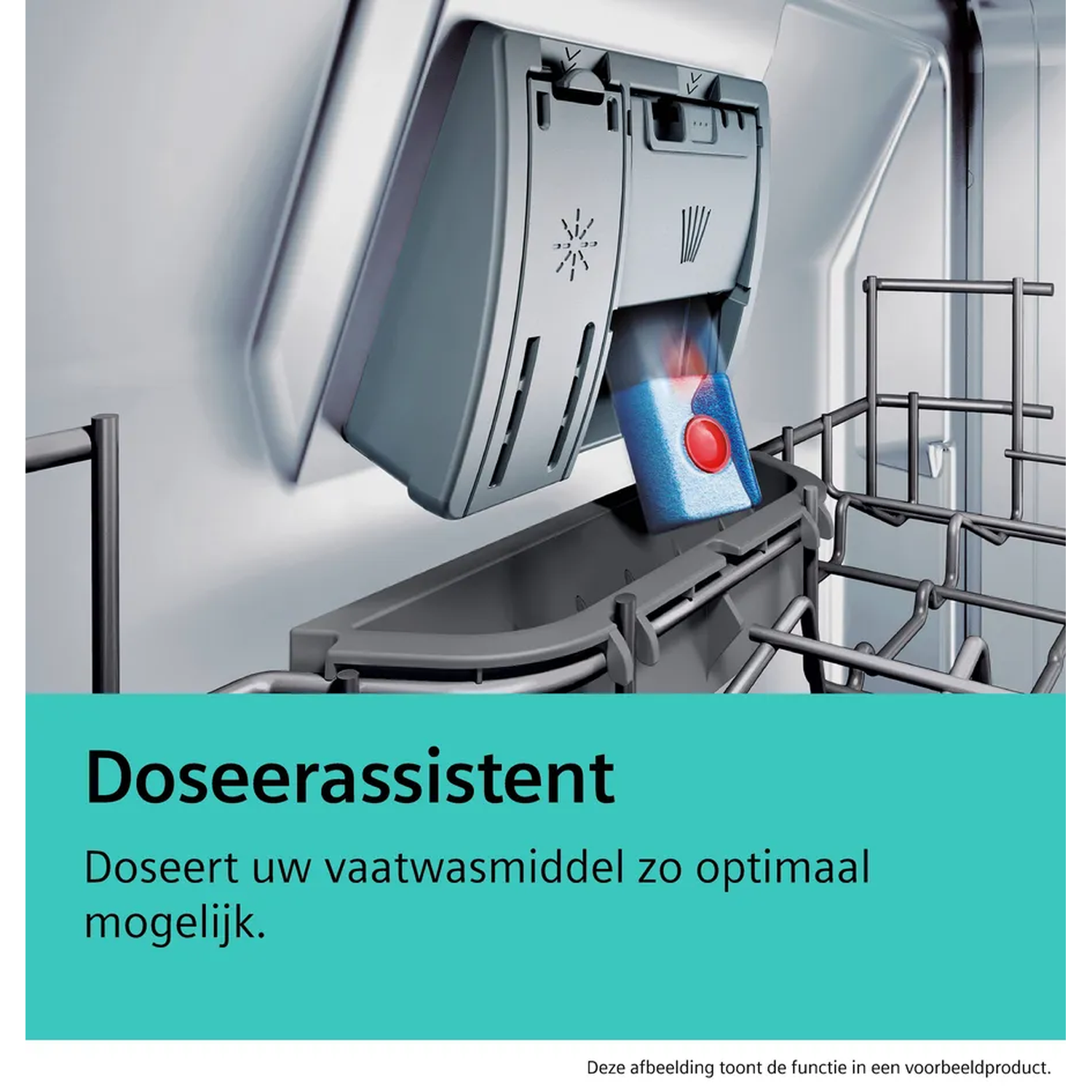 Vaatwasserinterieur met een tablet in de dispenser. Tekst luidt: 'Doseerassistent' en 'Doseert uw vaatwasmiddel zo optimaal mogelijk.'