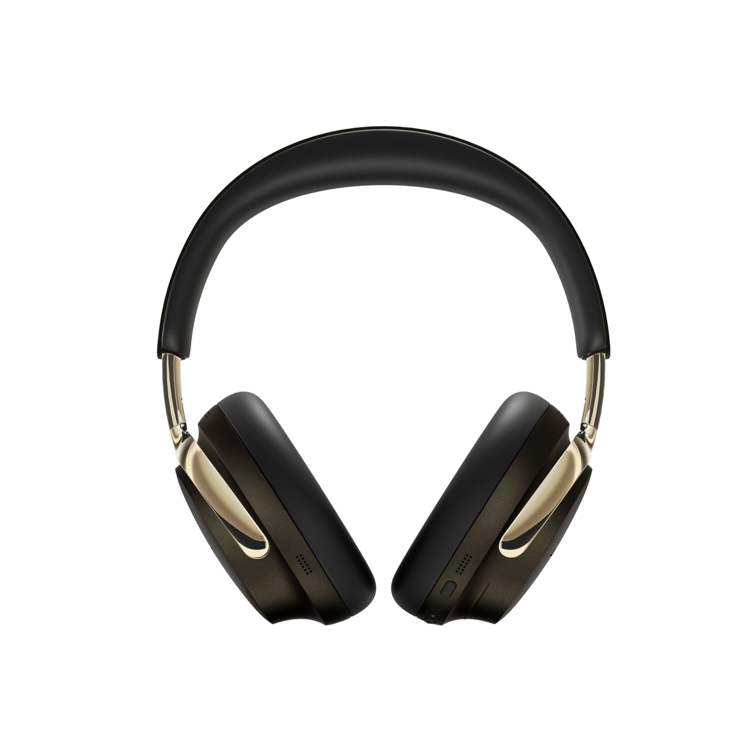 Casque noir et or sur fond noir. L'arceau est noir, les écouteurs sont sombres avec des accents dorés.