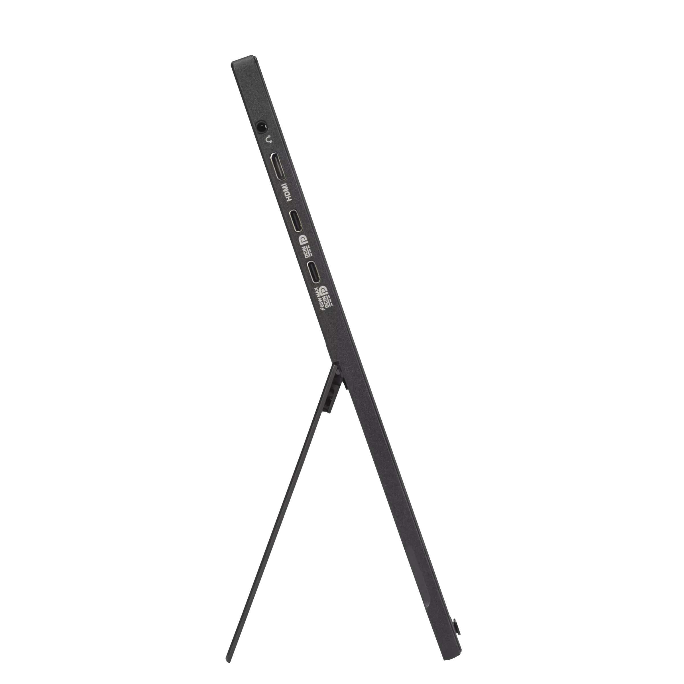 Een donkergrijze tablet wordt ondersteund door een standaard. De zijkant toont poorten tegen een zwarte achtergrond.