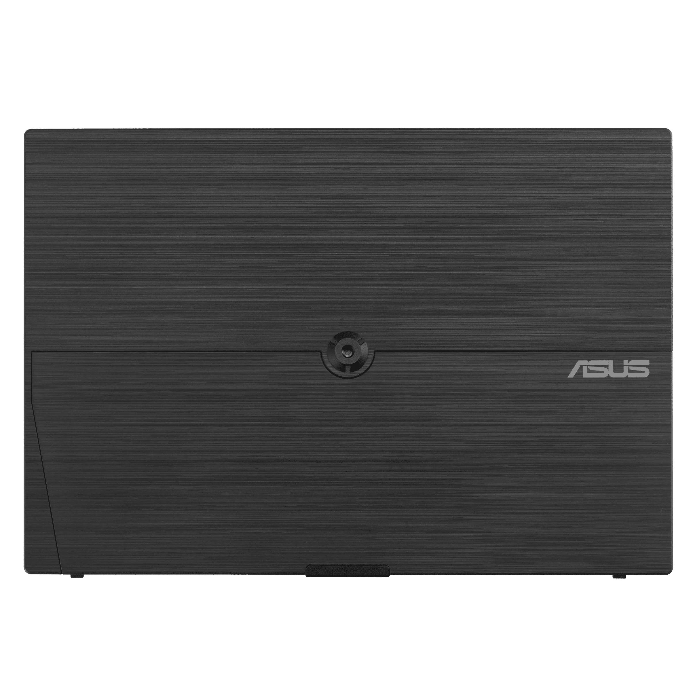 Bovenaanzicht van een zwarte laptop. Het ASUS-logo is zichtbaar. Het oppervlak heeft een geborstelde metaaltextuur.