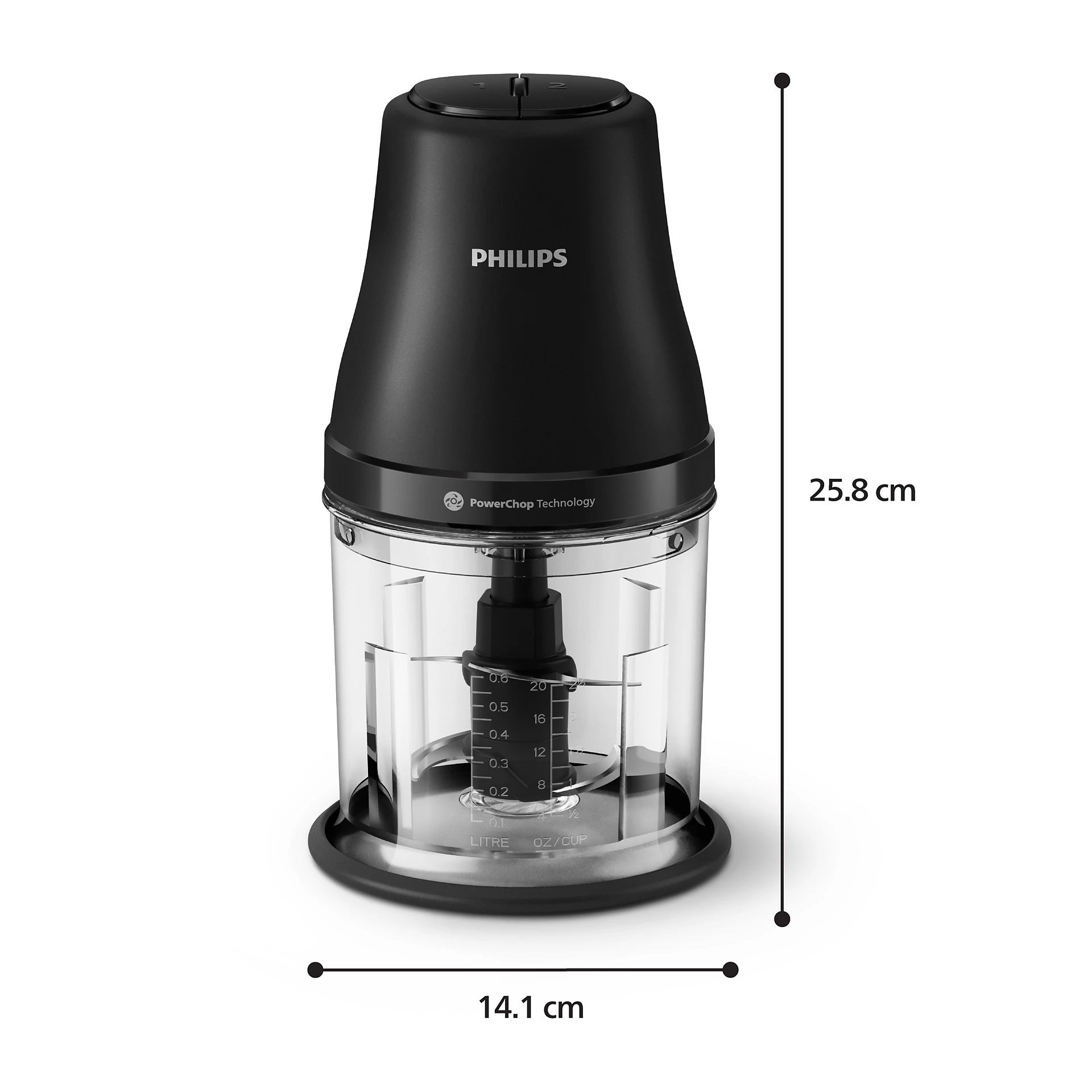 Un picador de alimentos Philips negro con un recipiente transparente, con dimensiones en fondo blanco.