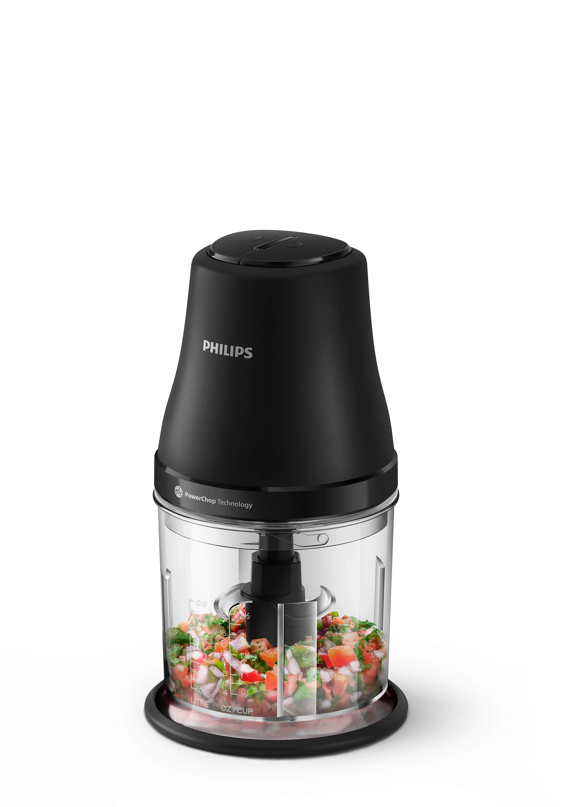 Picadora de alimentos Philips negra con verduras picadas. Tecnología PowerChop visible.