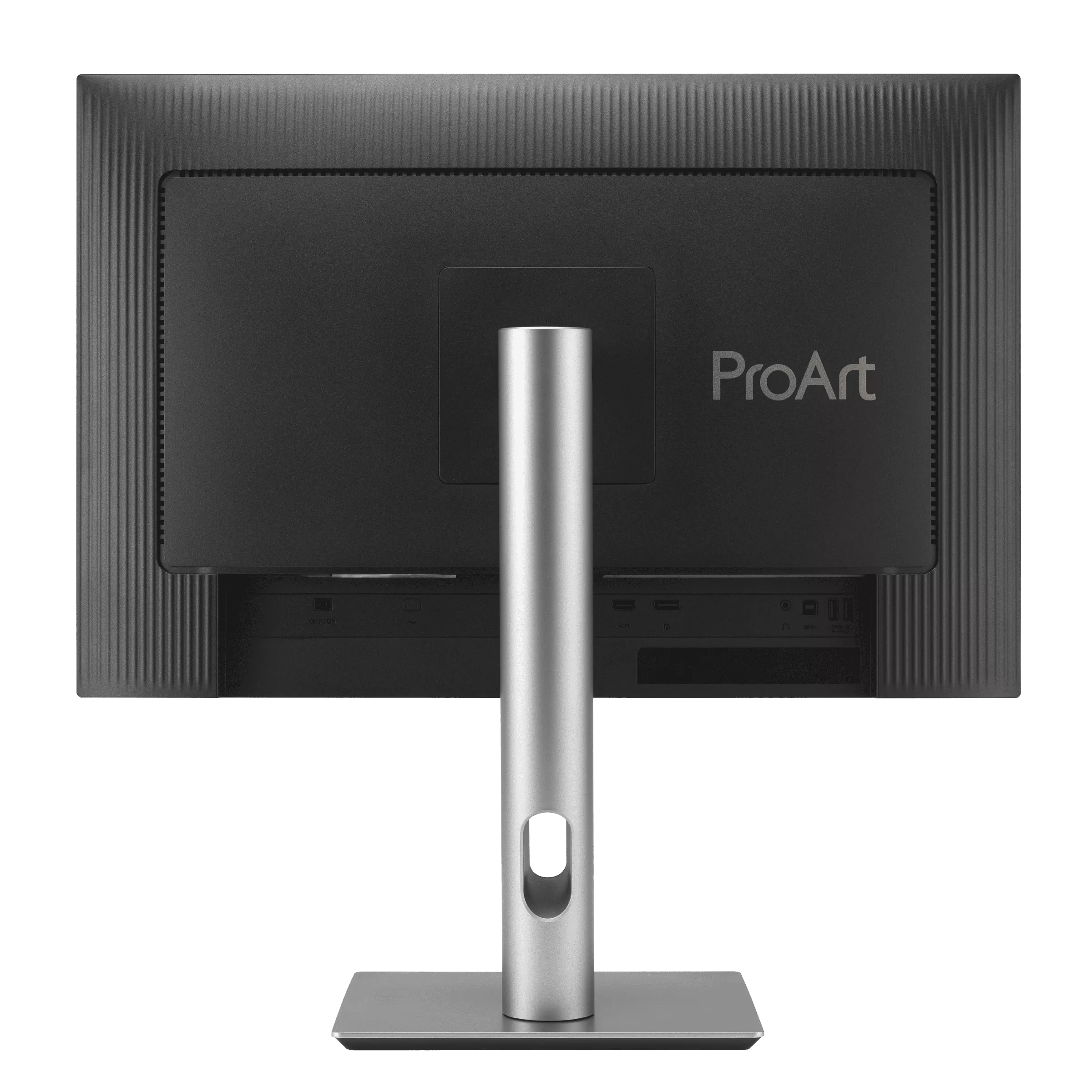 Rückseite eines schwarzen ProArt-Monitors. Es hat einen silbernen Ständer und einen schwarzen Hintergrund.