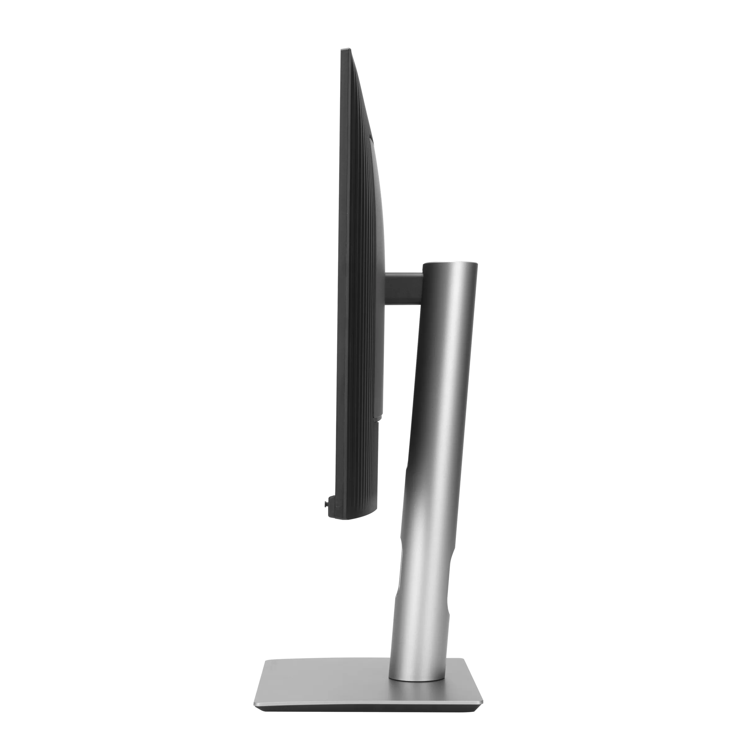 Seitenansicht eines Computermonitors auf einem silbernen Ständer, vor schwarzem Hintergrund.