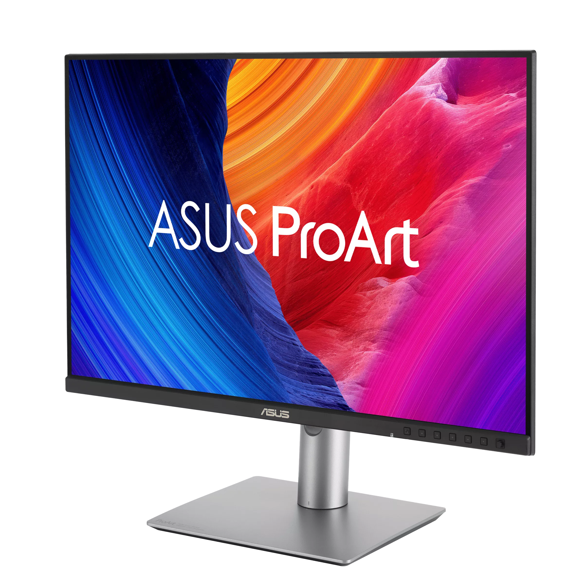 ASUS ProArt Monitor auf schwarzem Hintergrund. Der Bildschirm zeigt ein farbenfrohes abstraktes Bild. Es hat einen silbernen Ständer.