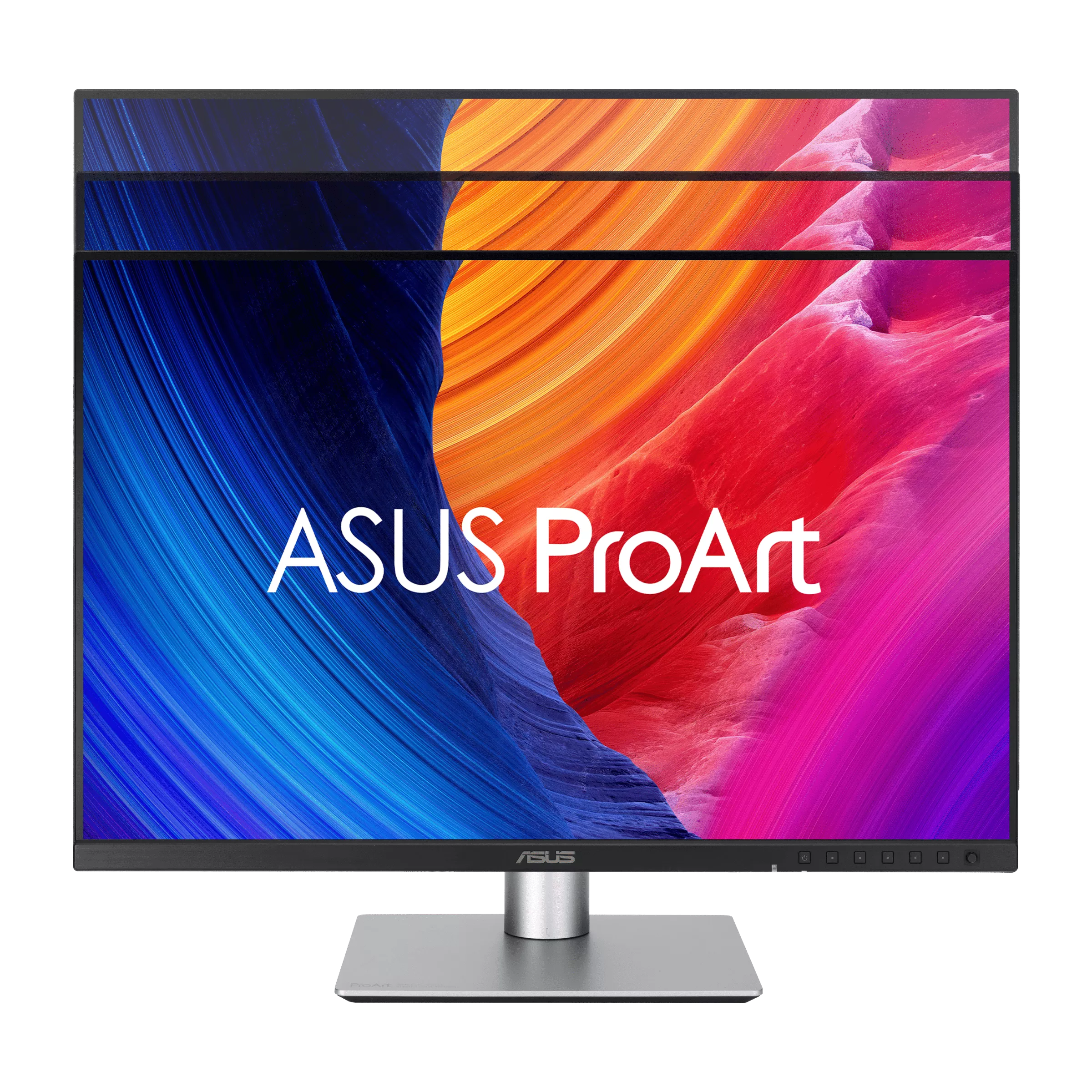 ASUS ProArt Monitor. Display mit farbenfrohem, abstraktem Hintergrund. Der Monitor steht auf einem silbernen Ständer, schwarzer Hintergrund.