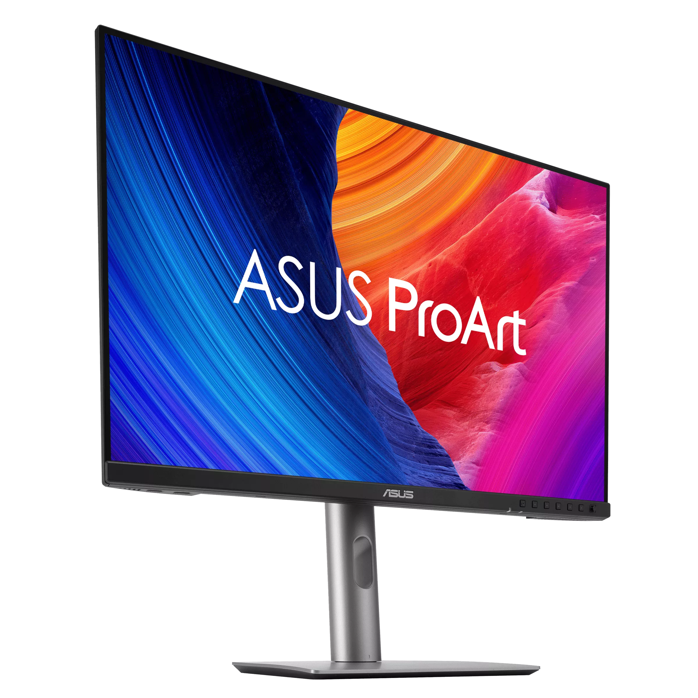 ASUS ProArt Monitor mit farbenfrohem Display auf schwarzem Hintergrund, silberner Ständer. Der Bildschirm zeigt Blau, Rot und Orange.