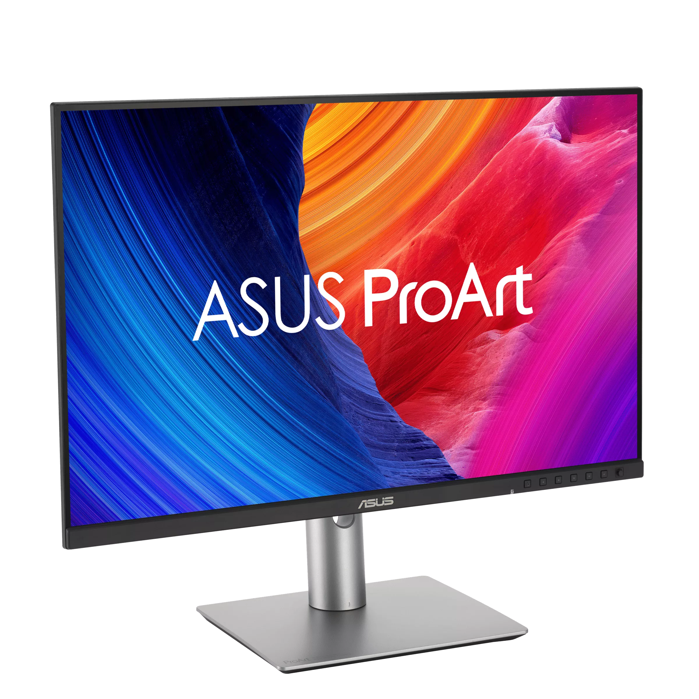 ASUS ProArt Monitor auf schwarzem Hintergrund. Bildschirm zeigt blaues, rotes und oranges abstraktes Design. Silberner Ständer und Sockel.