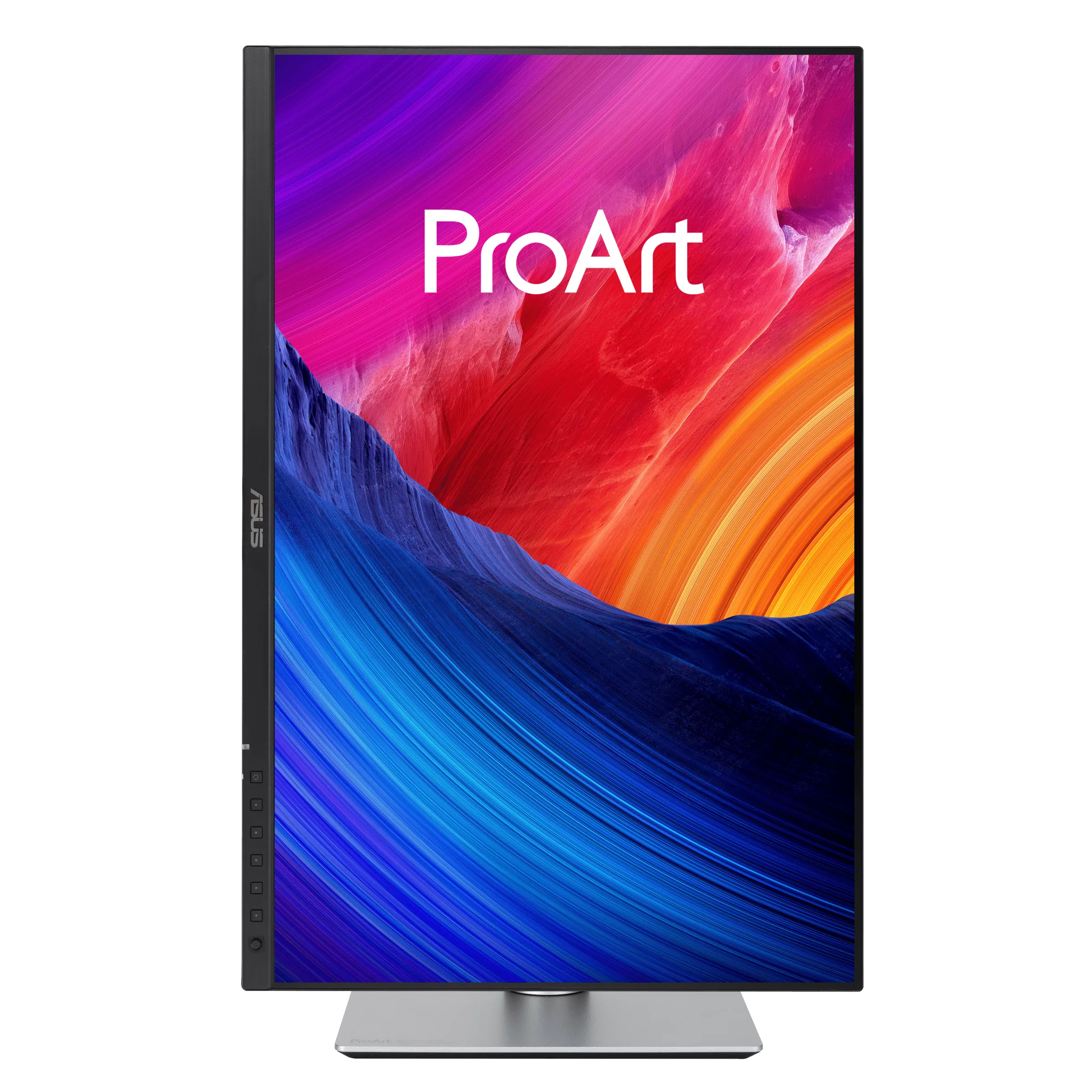 Ein Computermonitor mit dem Wort "ProArt" auf dem Bildschirm. Der Bildschirm zeigt bunte abstrakte Kunst.