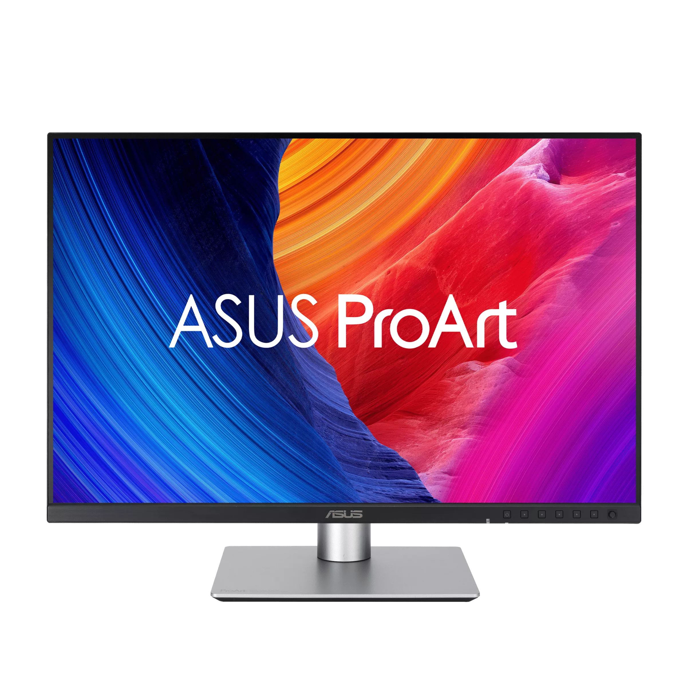 ASUS ProArt Monitor mit farbenfroher abstrakter Anzeige, silbernem Ständer und schwarzem Hintergrund.