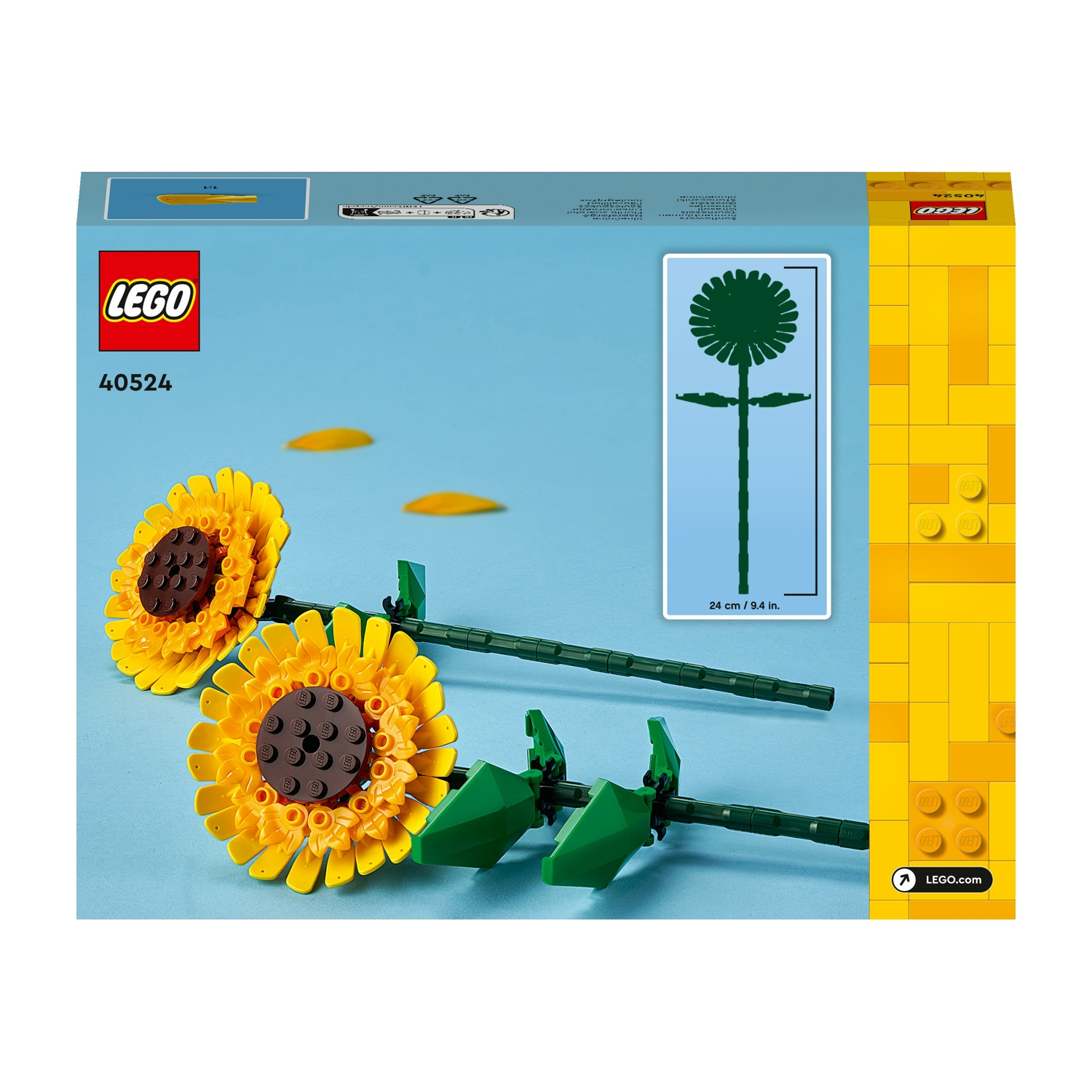 Scatola del set LEGO con girasoli. Petali gialli, centro marrone, stelo verde. Sfondo blu. Include un diagramma e il logo LEGO.