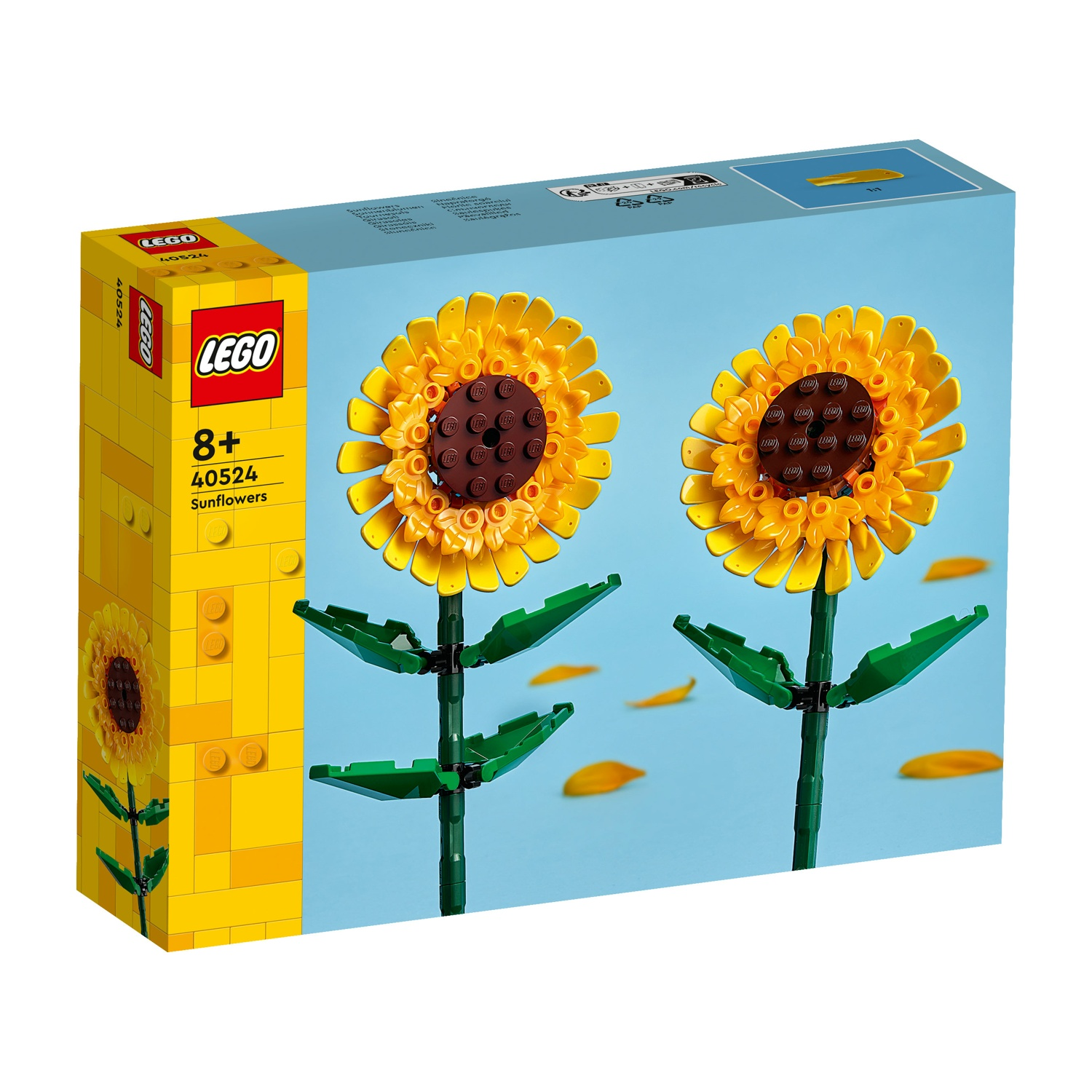 Una scatola Lego mostra due modelli di girasoli con petali gialli, centri marroni e steli verdi su sfondo blu.