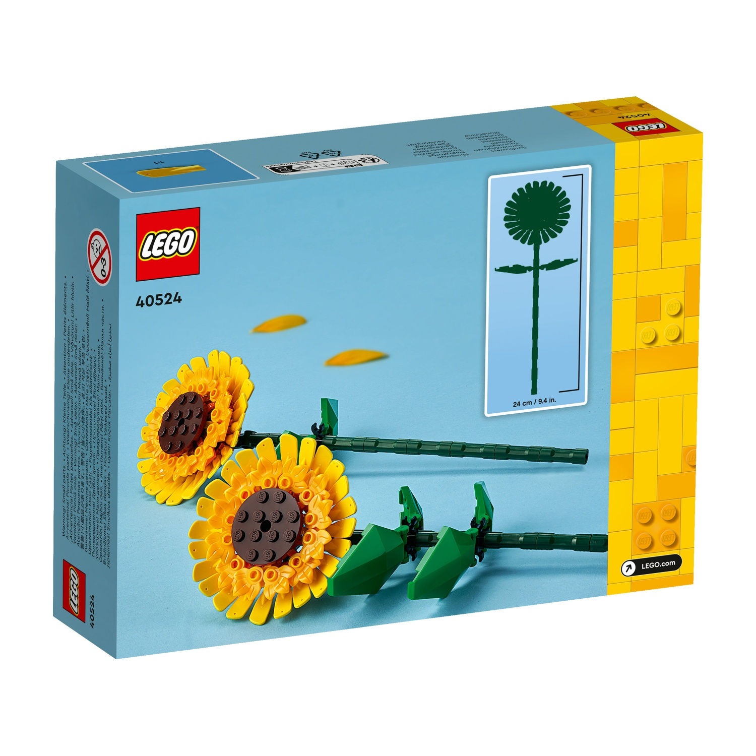 Scatola del set LEGO 40524 con modelli di girasoli e un'illustrazione. Colori giallo e verde.