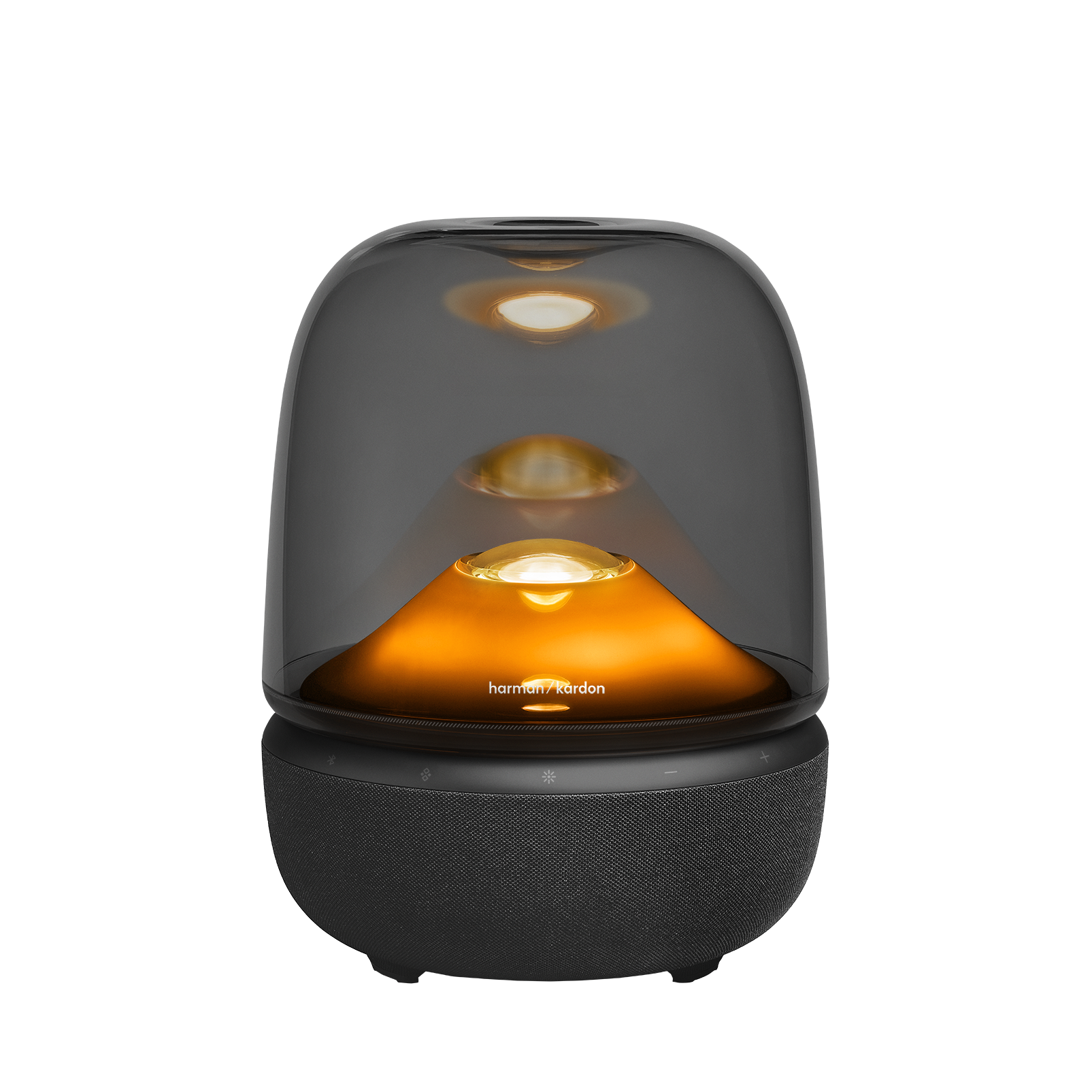 Bir Harman Kardon Aura Studio 4 hoparlör. İç aydınlatmalı füme cam kubbesi ve siyah kumaş tabanı vardır.