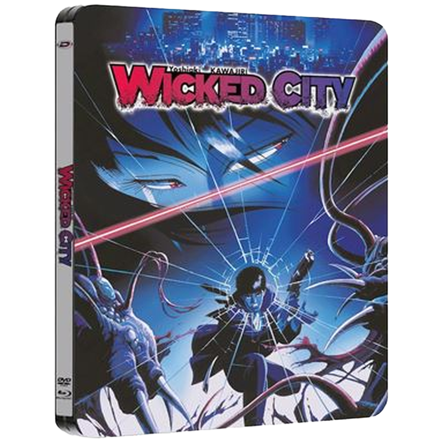 Anime filmhoes van Wicked City. Een personage houdt een geweer vast, met een gebroken glaseffect. Donkerblauwe achtergrond en rode laserlijnen.