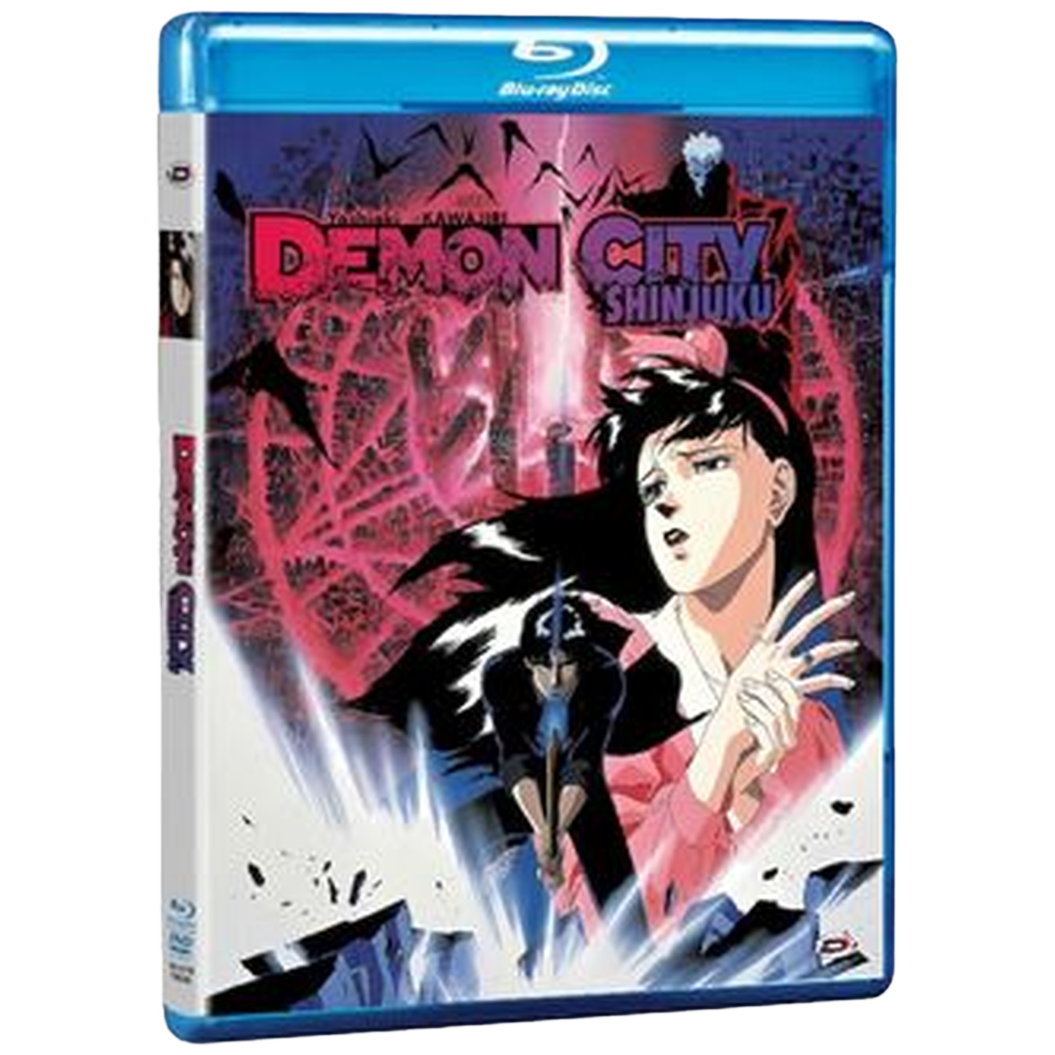 Couverture Blu-ray de l'anime Demon City Shinjuku. Présente une femme, un homme et un arrière-plan de ville rouge-violet.