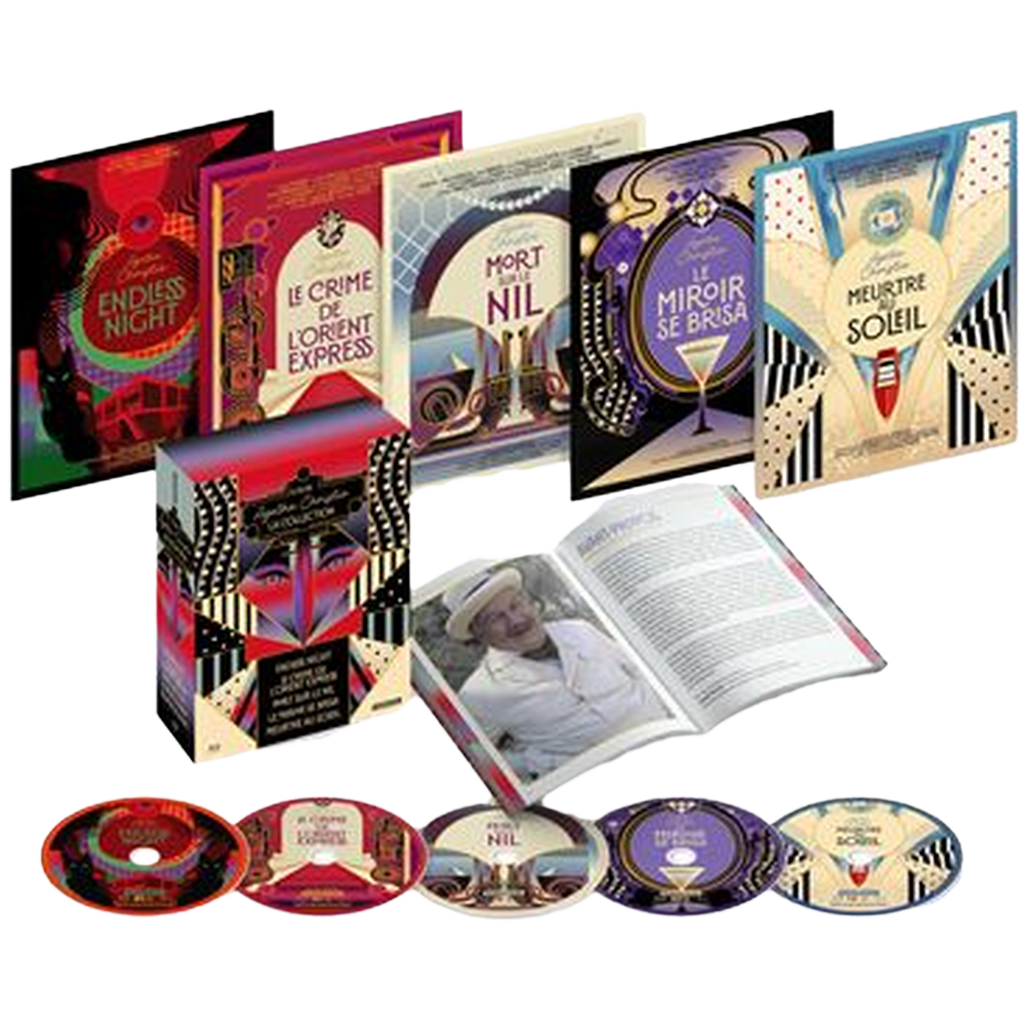 Verzameling Agatha Christie boeken en dvd's. Bevat titels als 'Endless Night' en 'Dood op de Nijl', met een open boek in het midden.