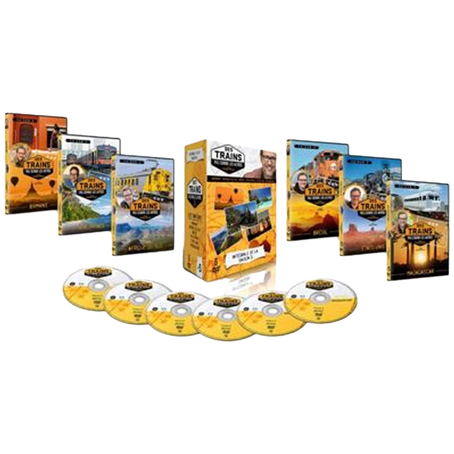 Coffret DVD avec des images de trains. L'ensemble comprend plusieurs DVD et boîtiers avec des couvertures sur le thème des trains. Des DVD jaunes sont visibles en bas.